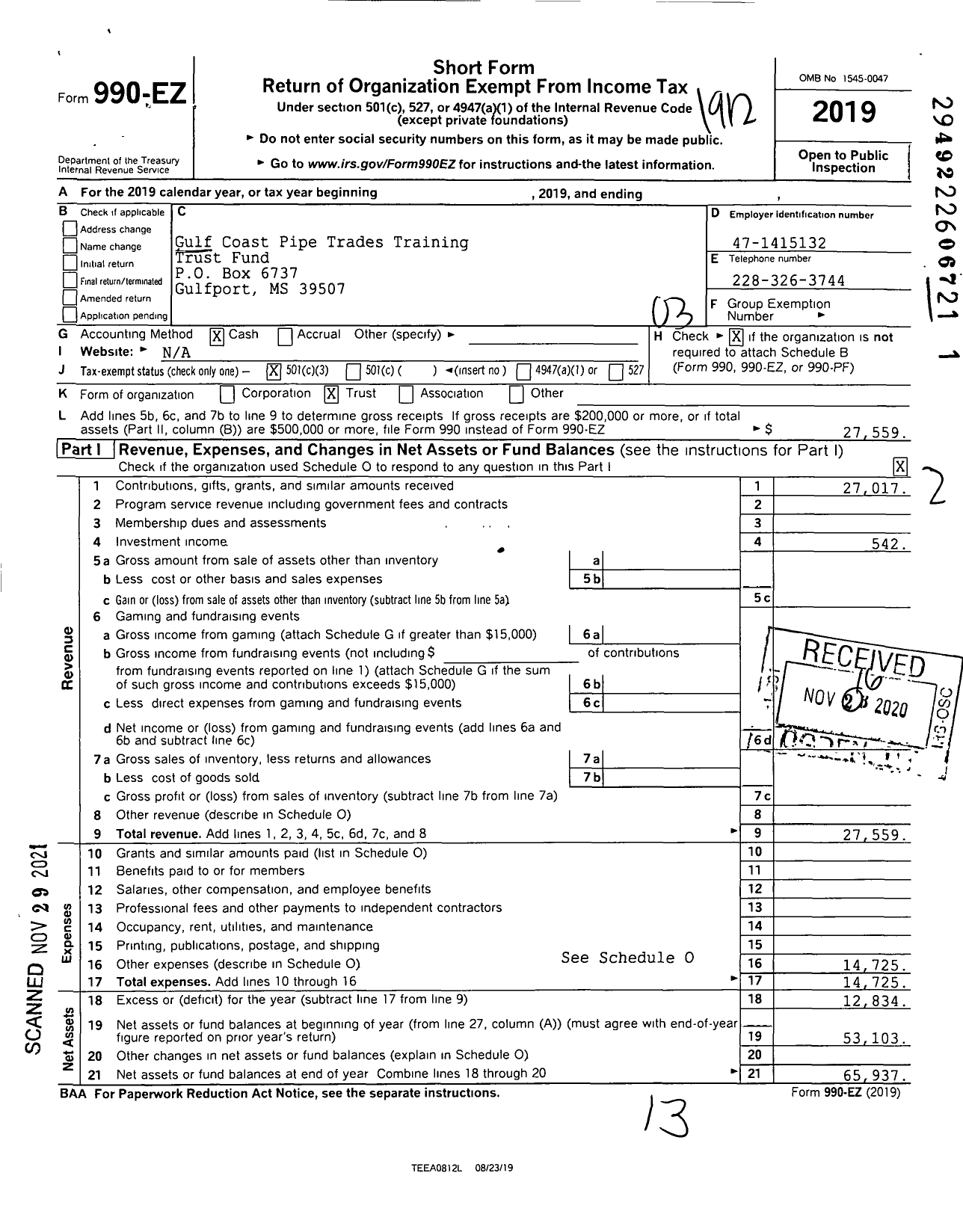 Image of first page of 2019 Form 990EZ for Gulf Coast Pipe Trades Training Trust Fund