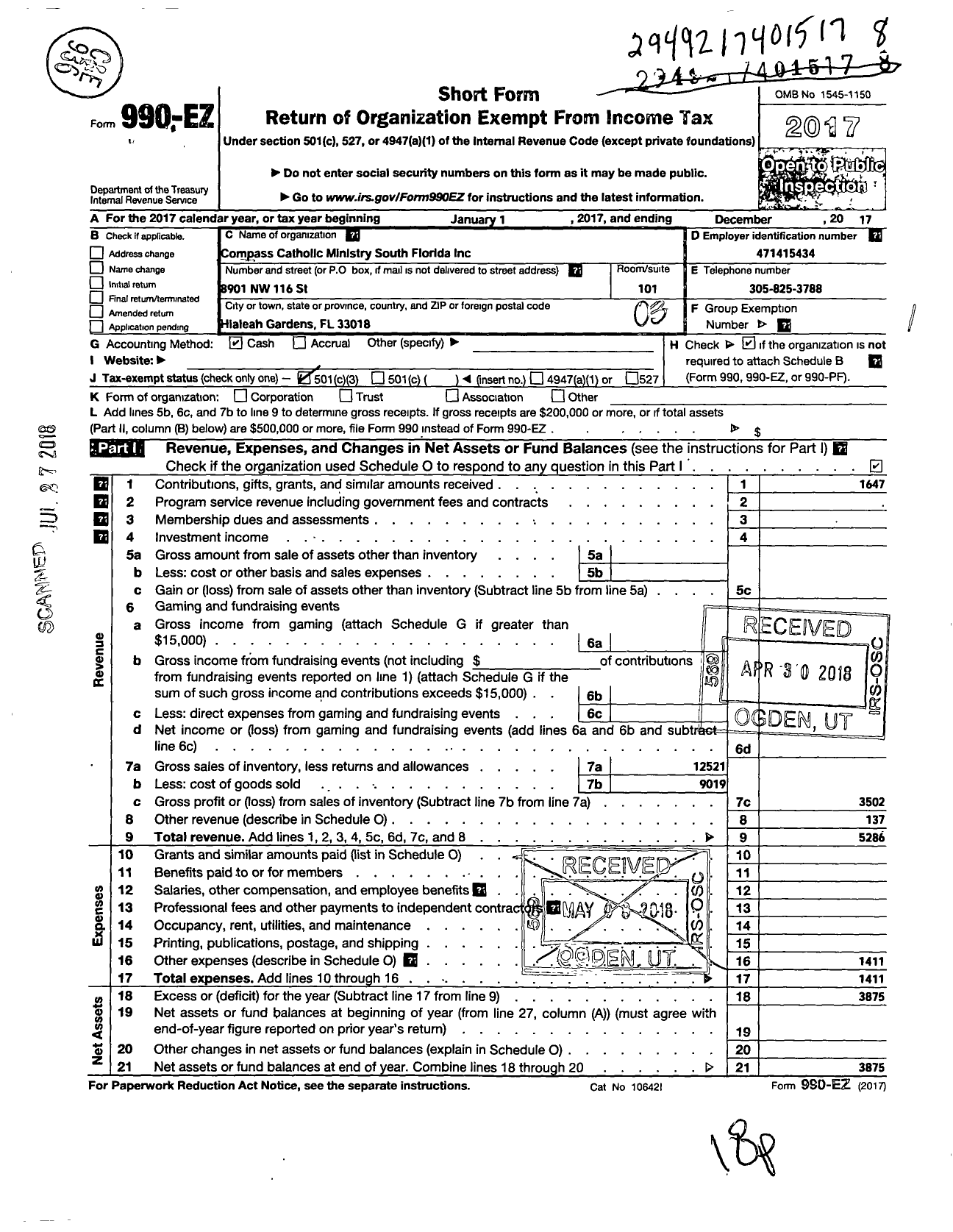 Image of first page of 2017 Form 990EZ for Compass Catholic Ministry South Florida