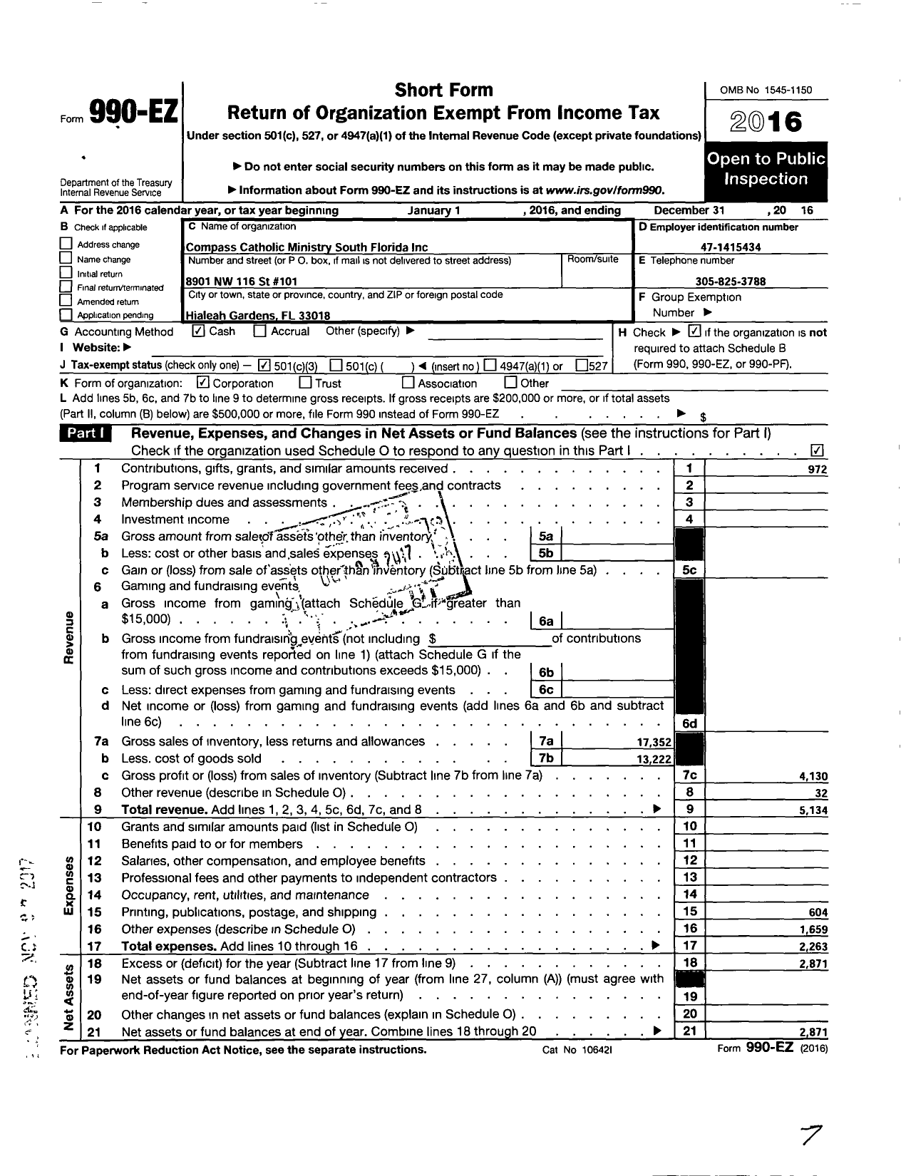 Image of first page of 2016 Form 990EZ for Compass Catholic Ministry South Florida