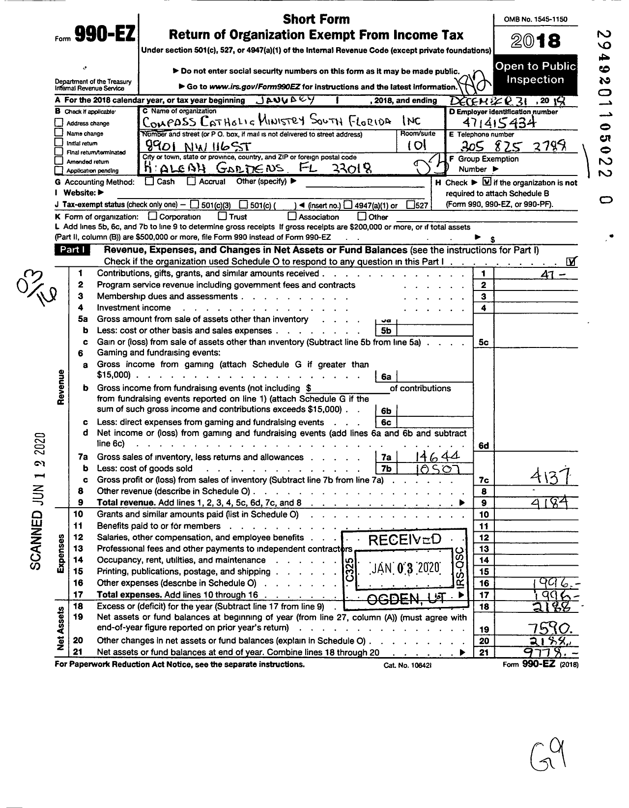 Image of first page of 2018 Form 990EZ for Compass Catholic Ministry South Florida