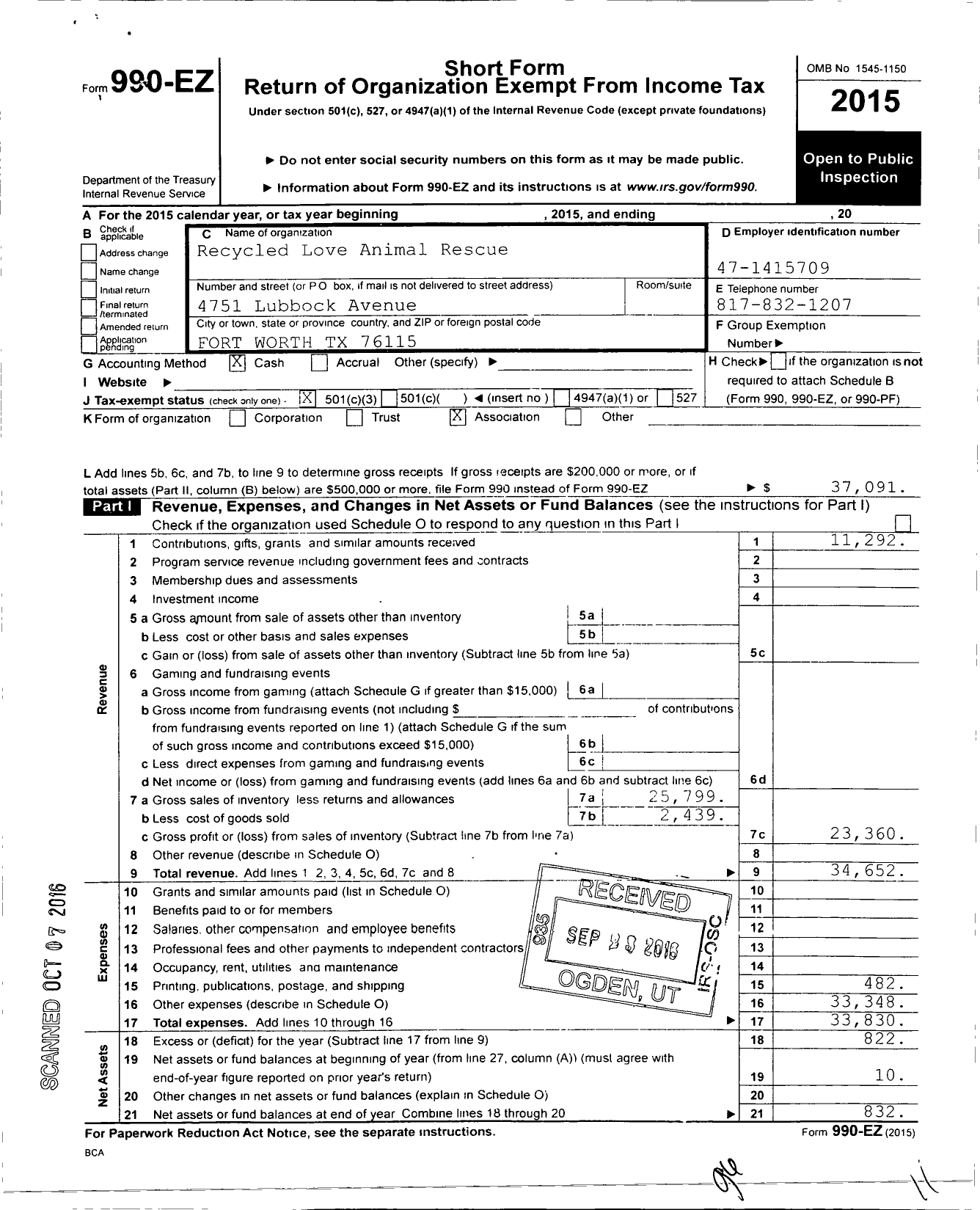 Image of first page of 2015 Form 990EZ for Recycled Love Animal Rescue