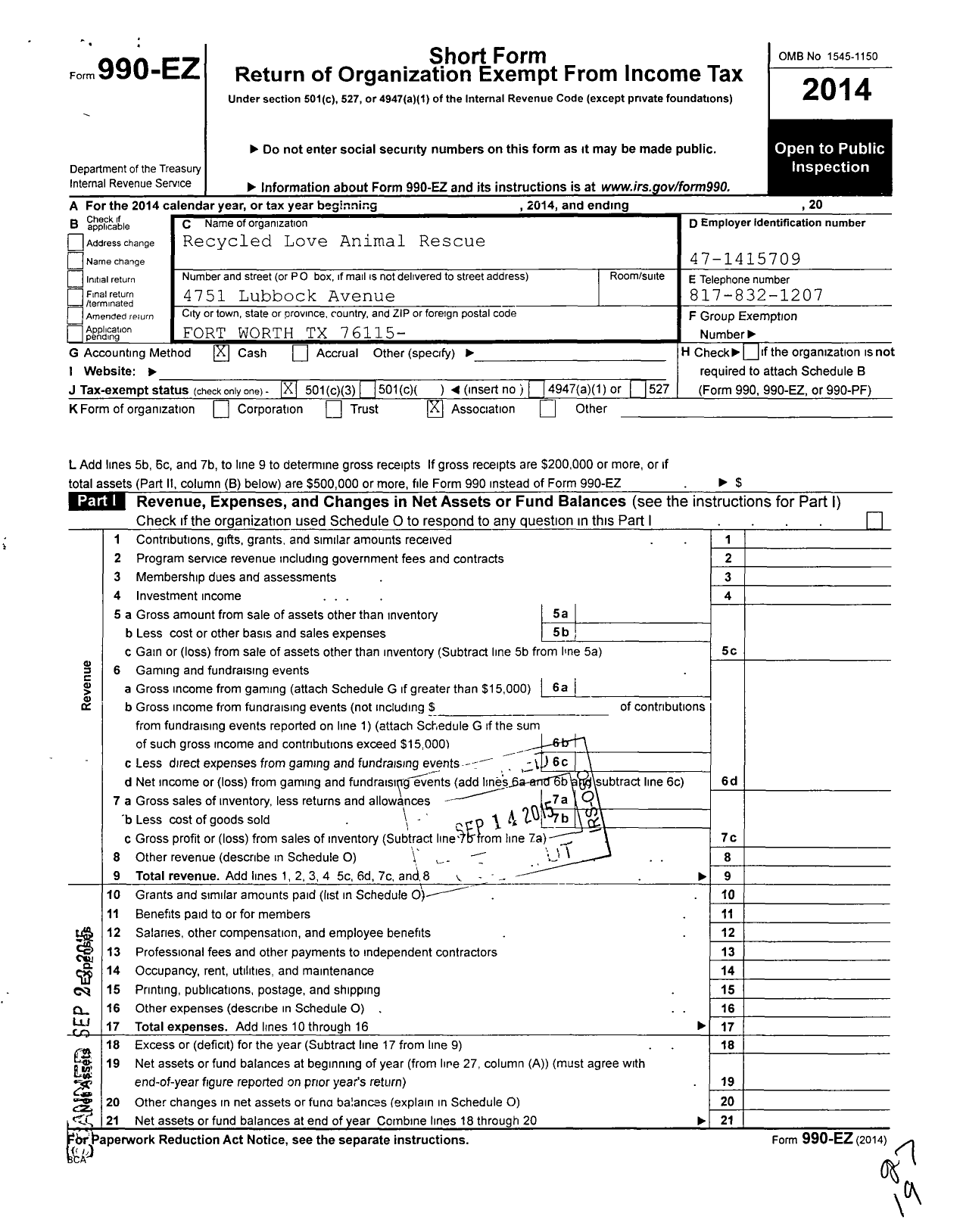 Image of first page of 2014 Form 990EZ for Recycled Love Animal Rescue