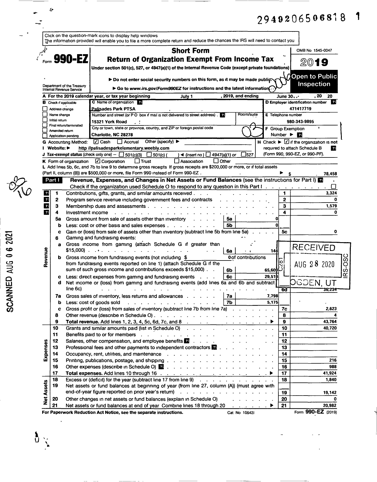 Image of first page of 2019 Form 990EZ for North Carolina PTA - Palisades Park Ptsa