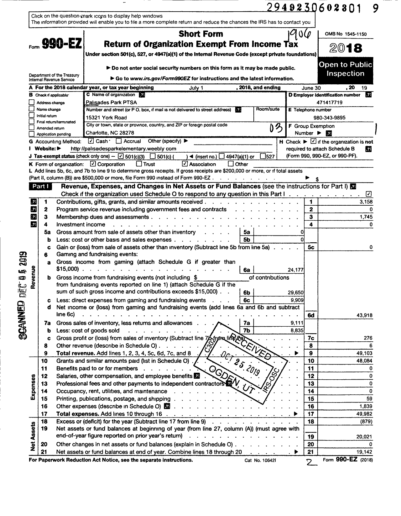 Image of first page of 2018 Form 990EZ for North Carolina PTA - Palisades Park Ptsa