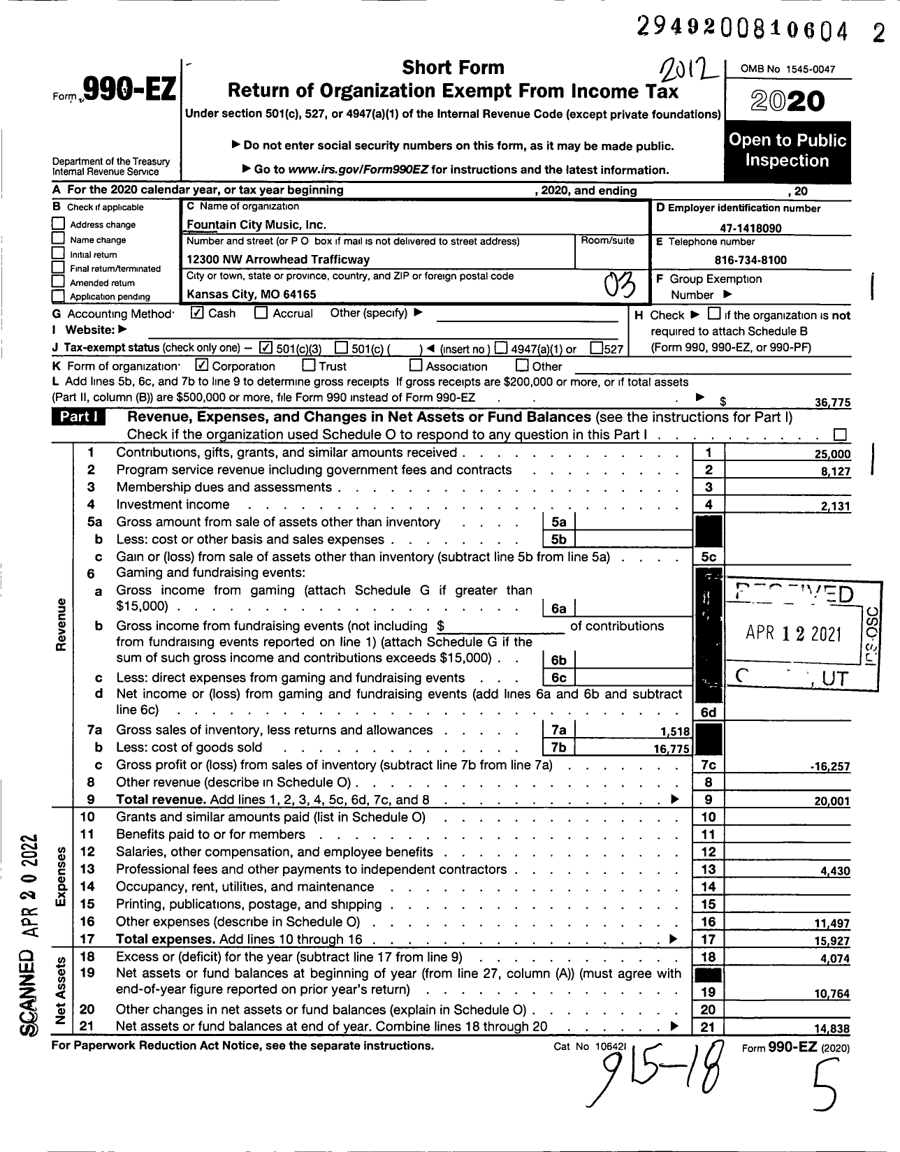 Image of first page of 2020 Form 990EZ for Fountain City Music