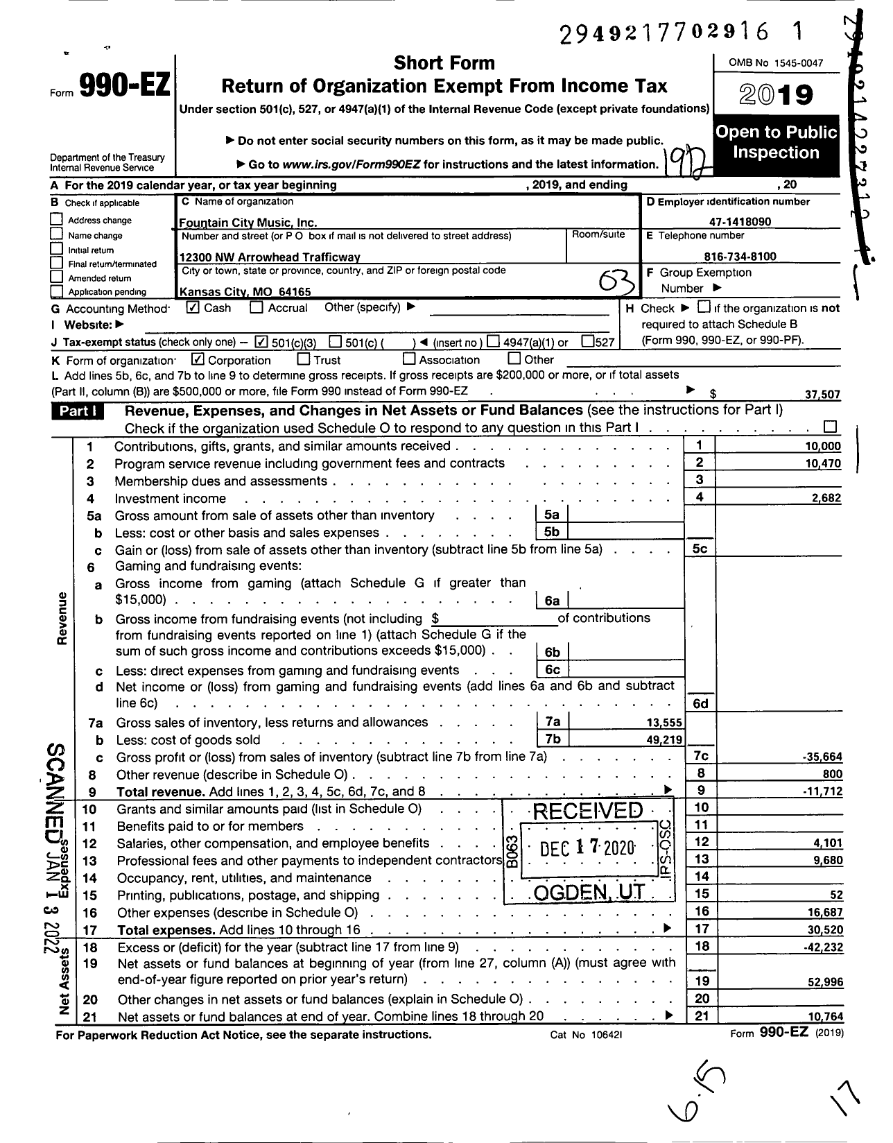 Image of first page of 2019 Form 990EZ for Fountain City Music