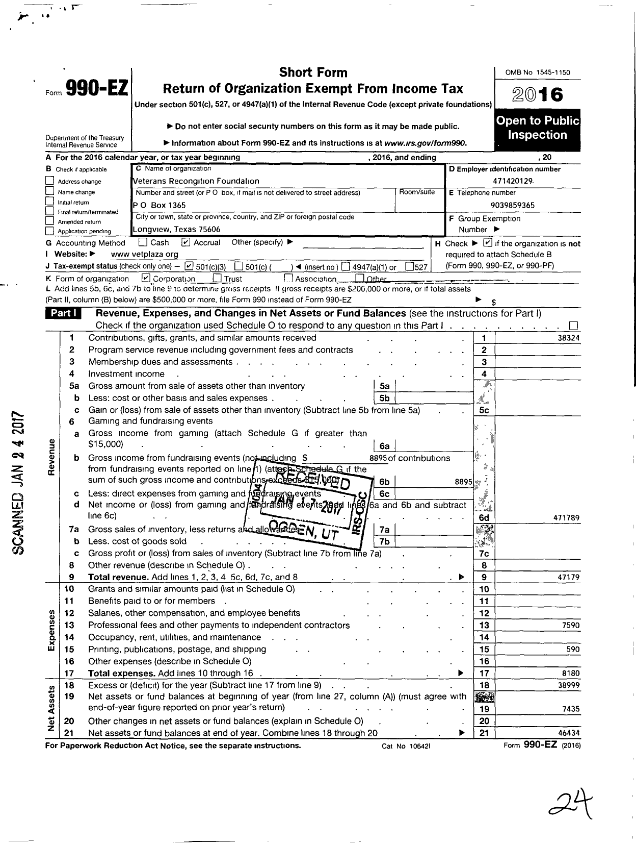 Image of first page of 2016 Form 990EZ for Veterans Recognition Foundation