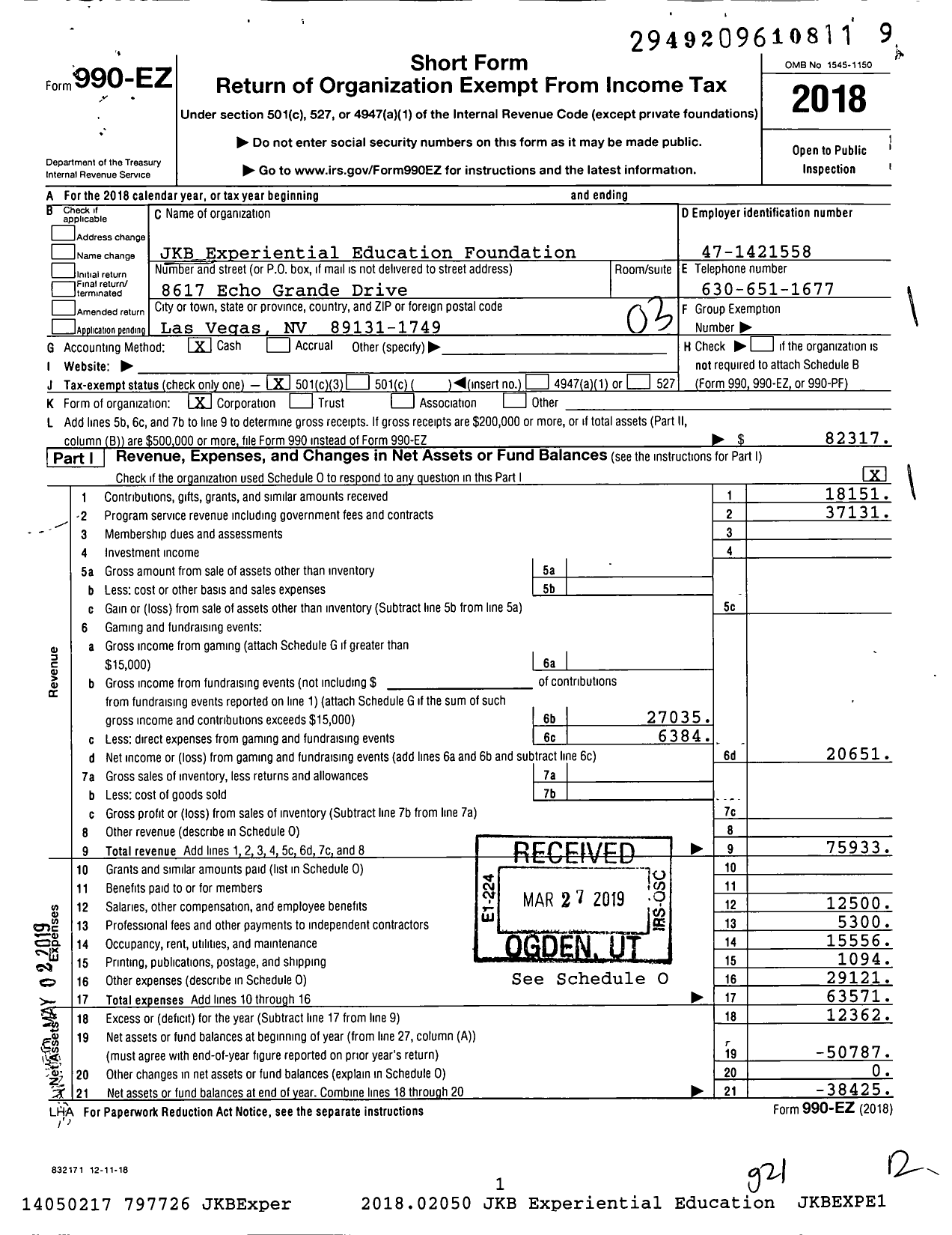 Image of first page of 2018 Form 990EZ for JKB Experiential Education Foundation