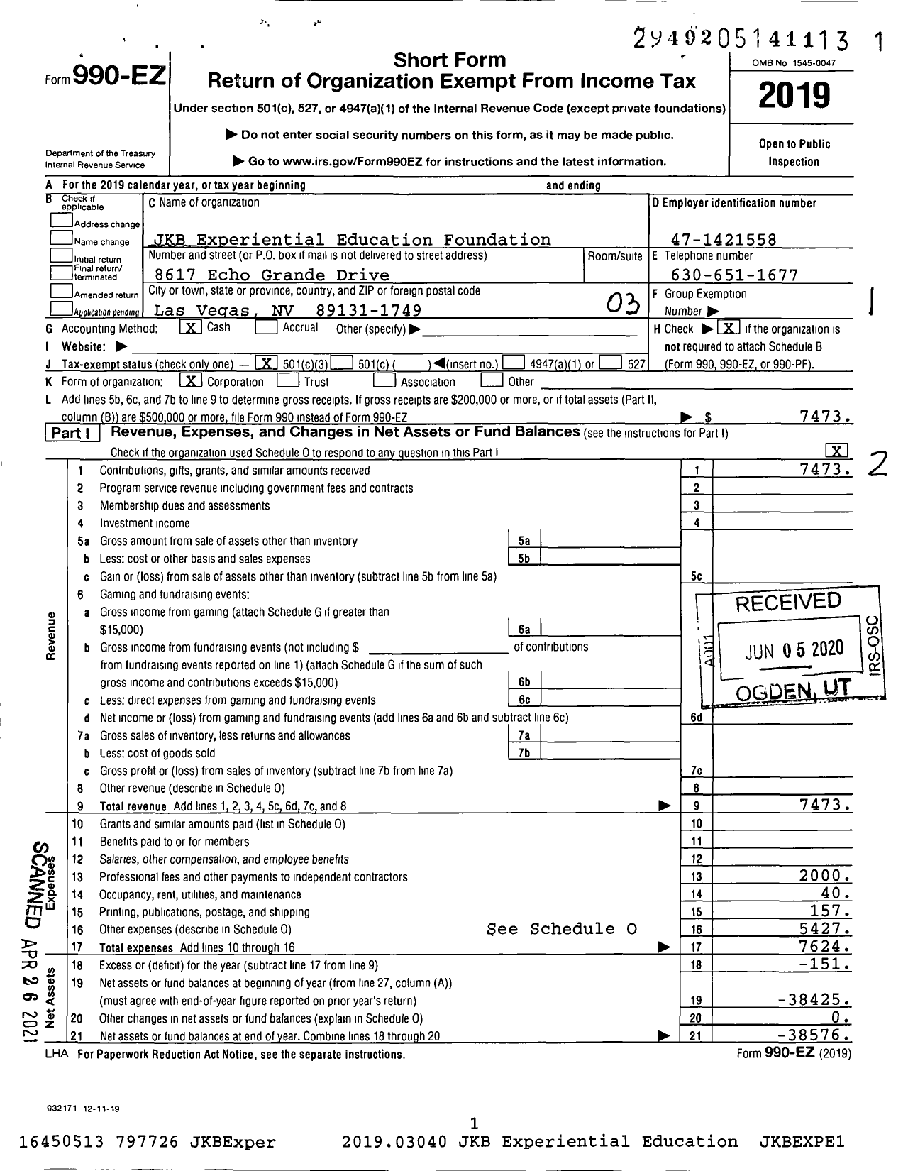 Image of first page of 2019 Form 990EZ for JKB Experiential Education Foundation