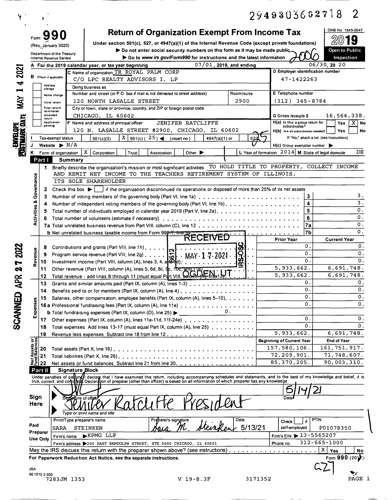 Image of first page of 2019 Form 990O for TR Royal Palm Corporation