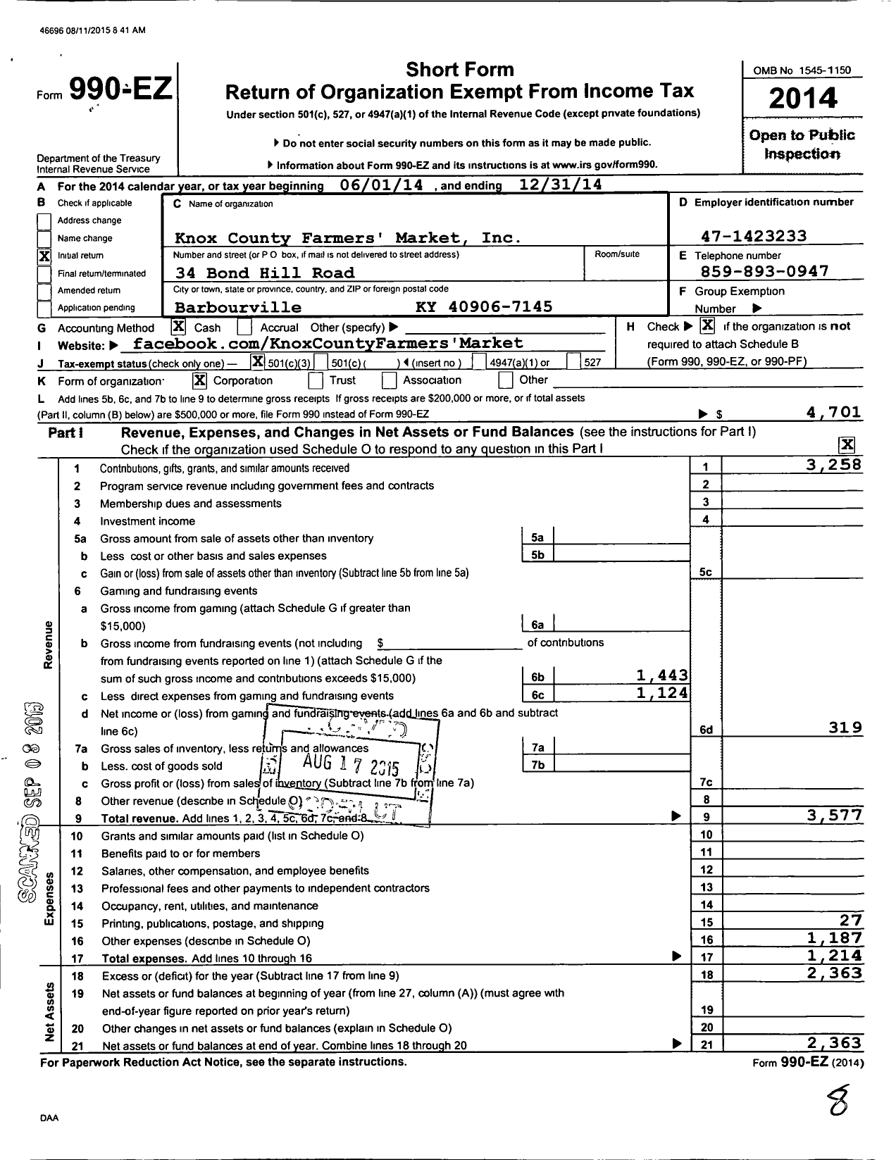 Image of first page of 2014 Form 990EZ for Knox County Farmers Market LLC