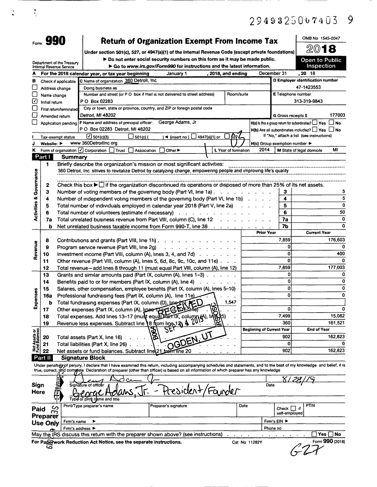 Image of first page of 2018 Form 990 for 360 Detroit