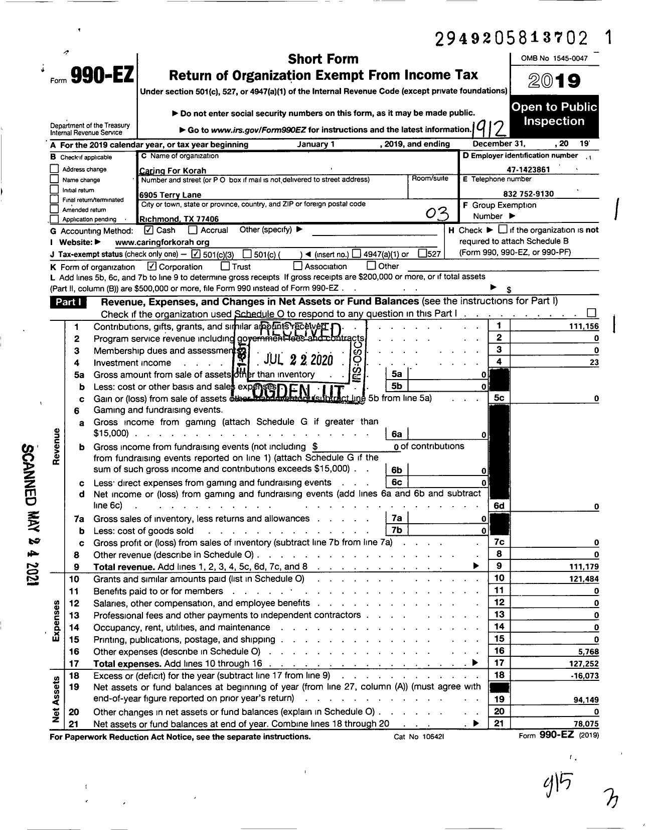 Image of first page of 2019 Form 990EZ for Caring for Korah