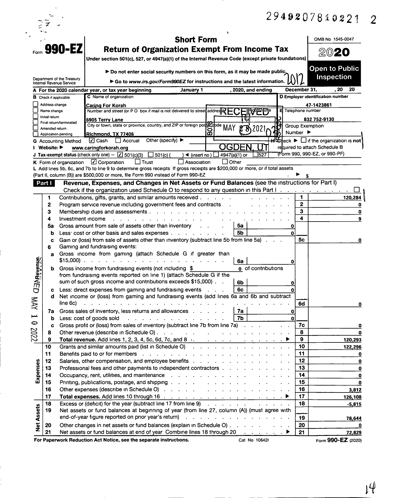 Image of first page of 2020 Form 990EZ for Caring for Korah