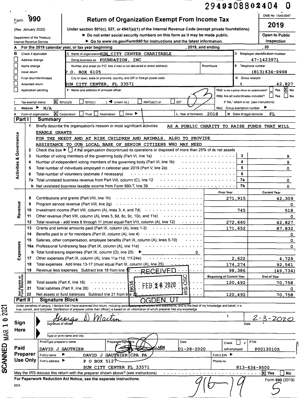 Image of first page of 2019 Form 990 for Foundation / Sun City Center Charitable