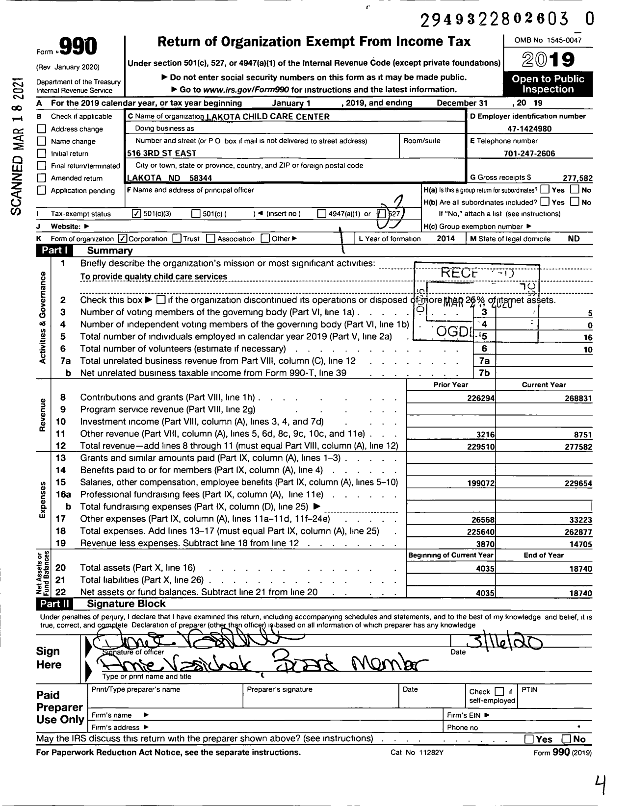 Image of first page of 2019 Form 990 for Lakota Child Care Center