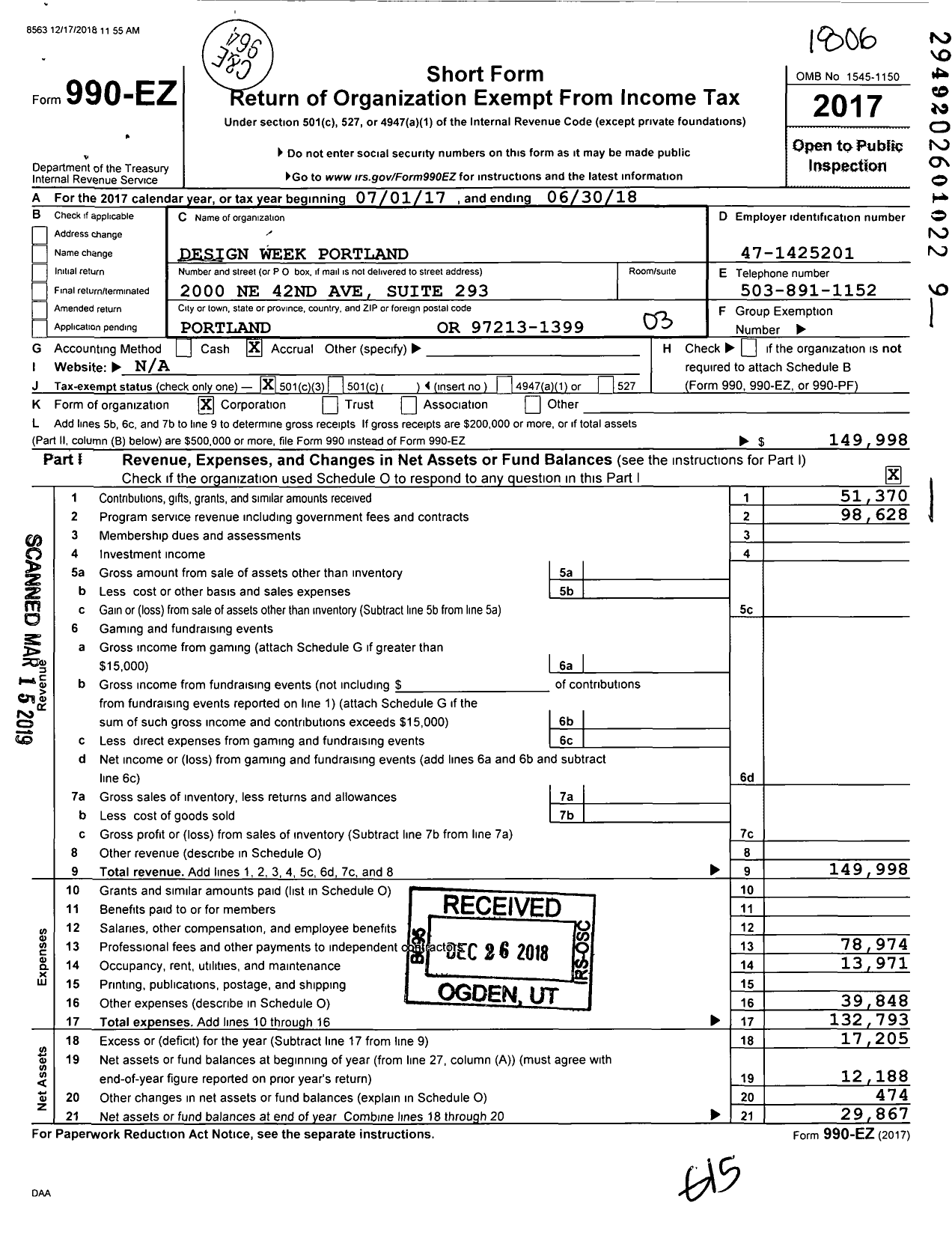 Image of first page of 2017 Form 990EZ for Design Week Portland