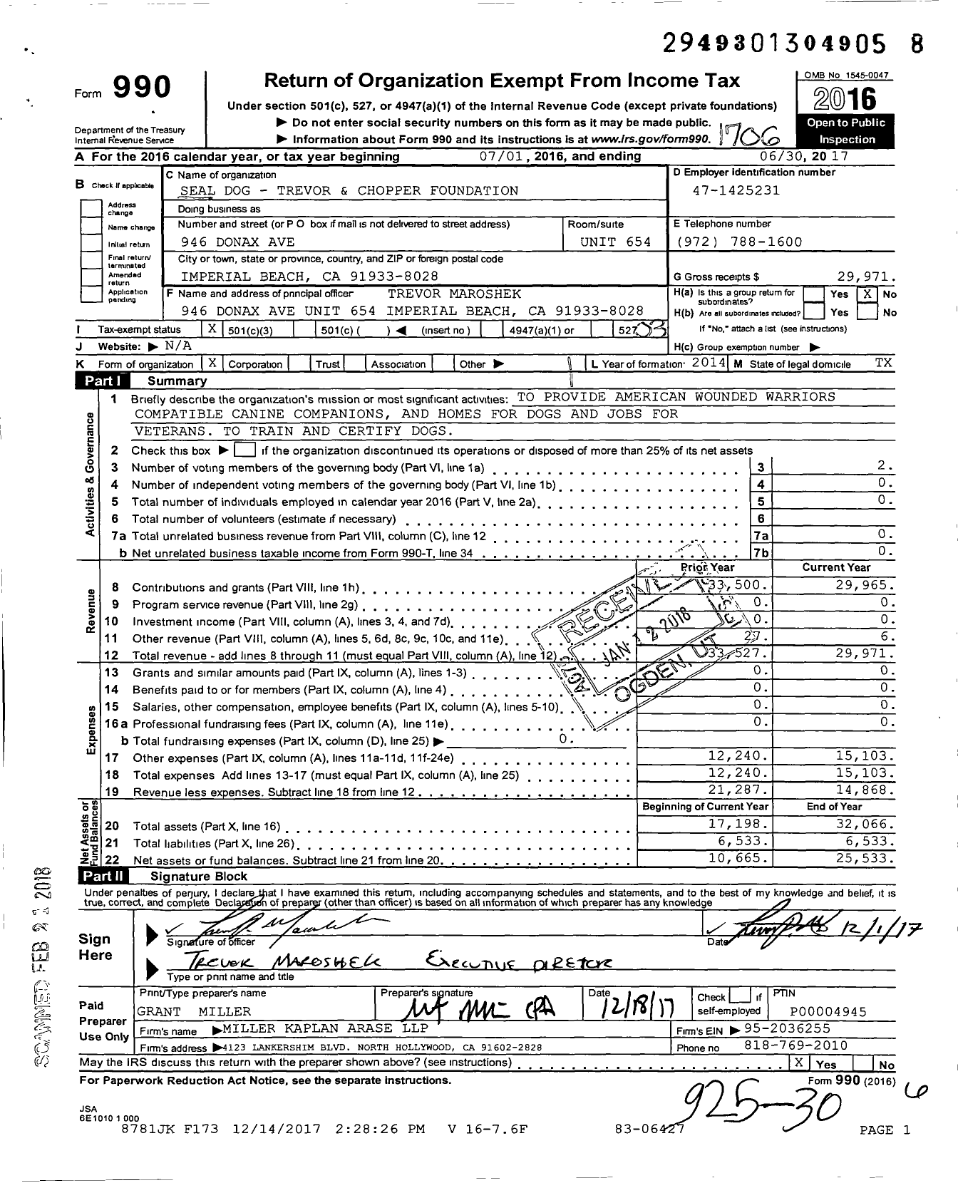 Image of first page of 2016 Form 990 for Seal Dog - Trevor and Chopper Foundation