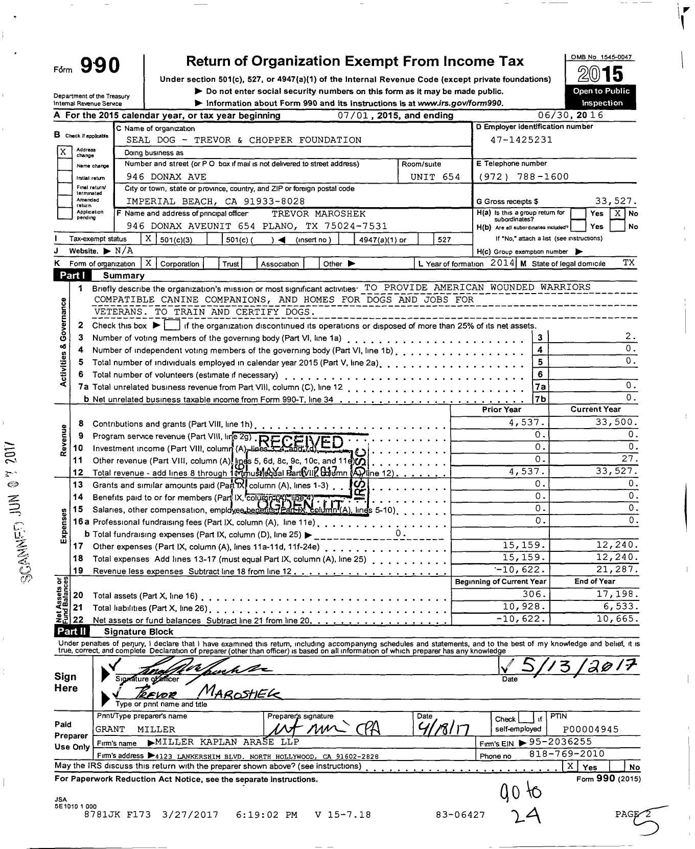 Image of first page of 2015 Form 990 for Seal Dog - Trevor and Chopper Foundation