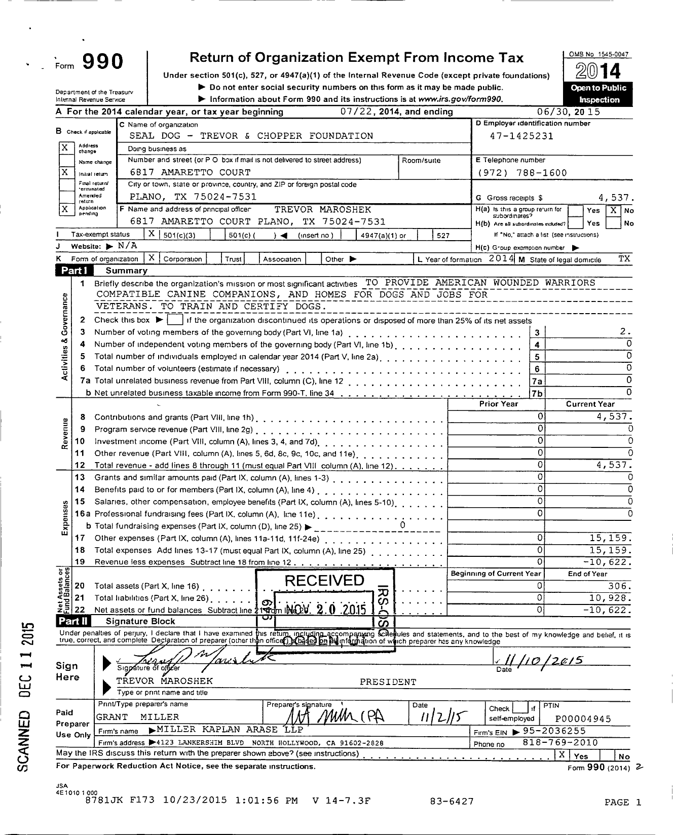 Image of first page of 2014 Form 990 for Seal Dog - Trevor and Chopper Foundation