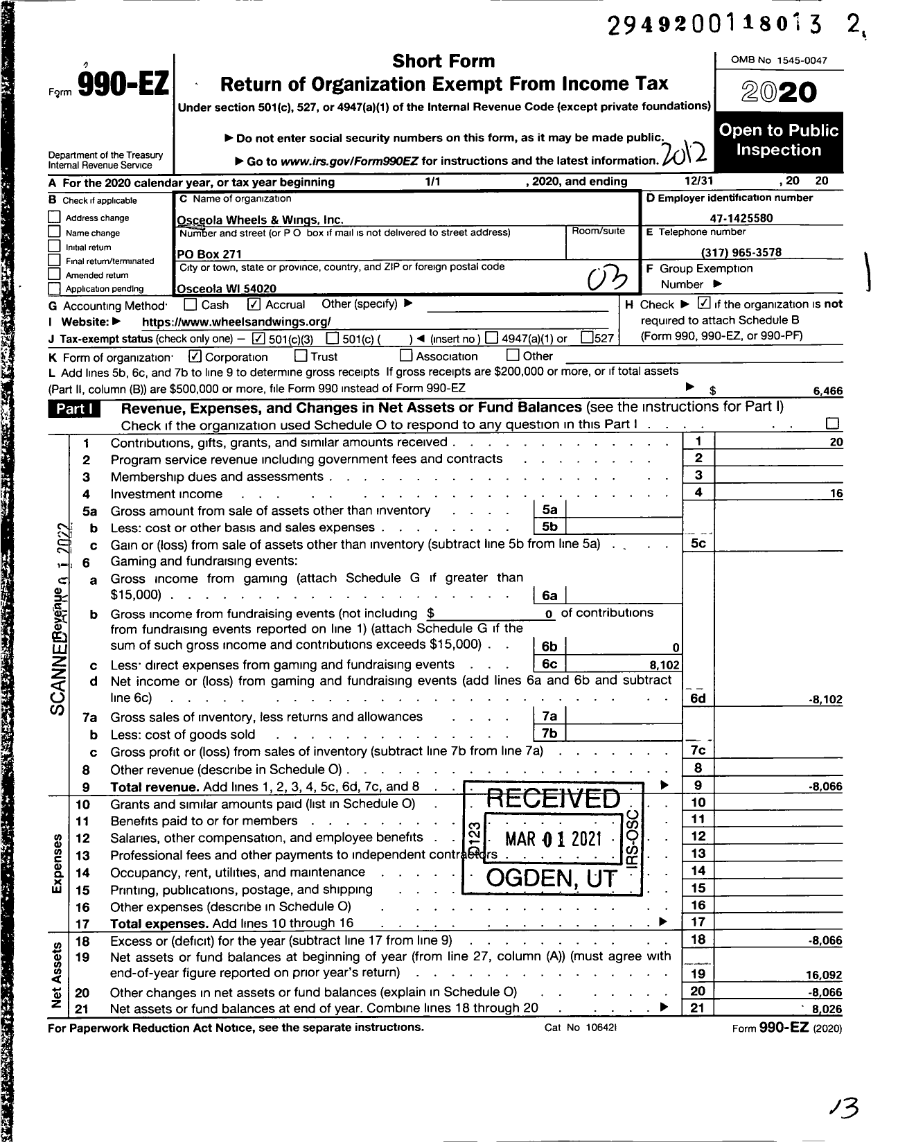 Image of first page of 2020 Form 990EZ for Osceola Wheels and Wings