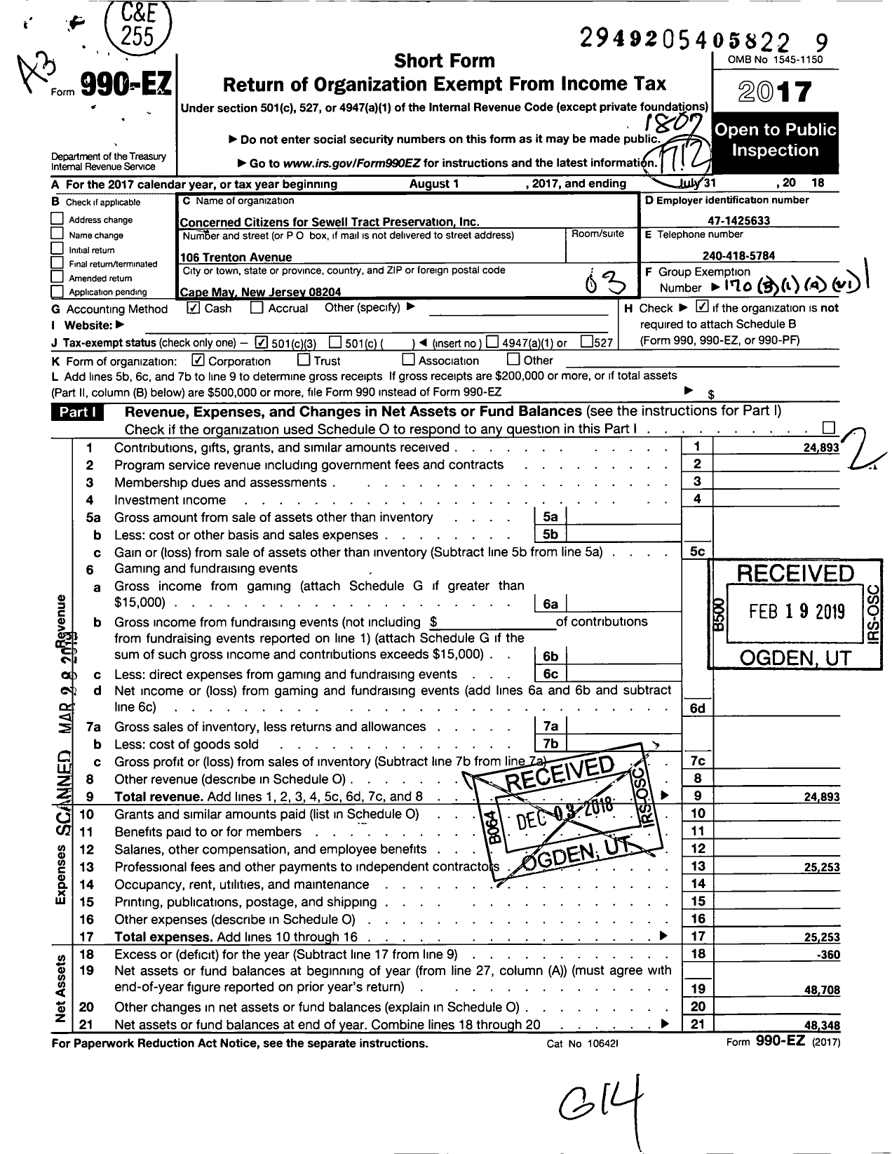 Image of first page of 2017 Form 990EZ for Concerned Citizens for Sewell Tract Preservation