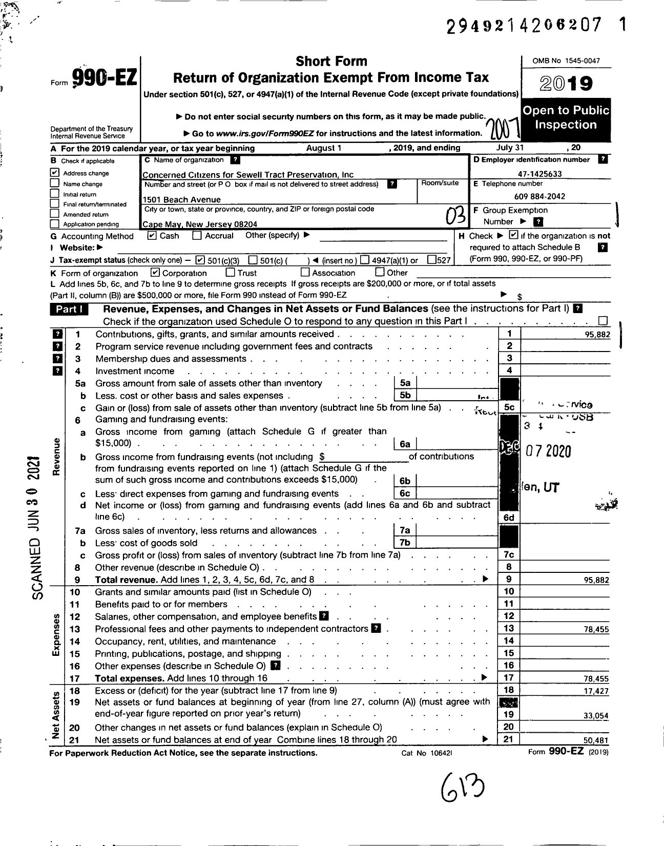 Image of first page of 2019 Form 990EZ for Concerned Citizens for Sewell Tract Preservation