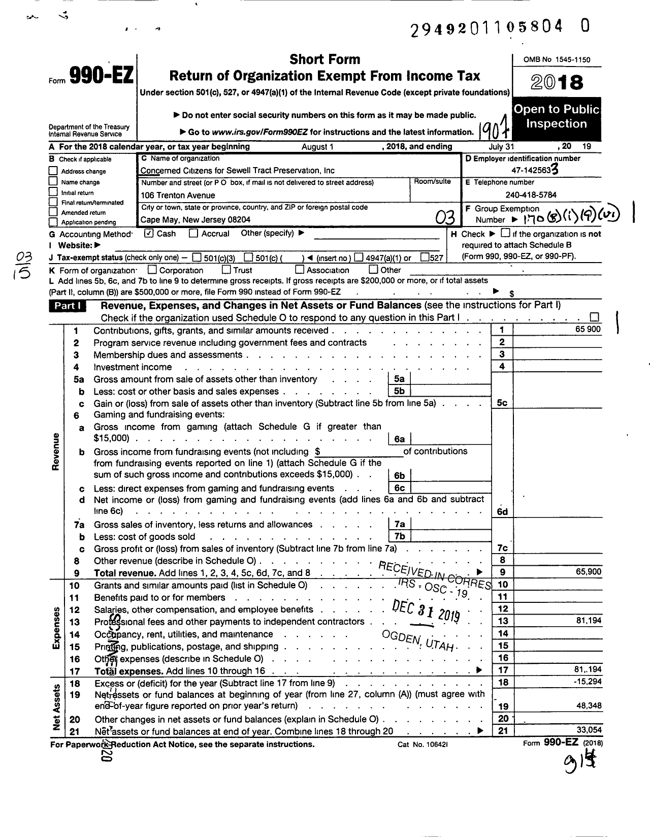 Image of first page of 2018 Form 990EZ for Concerned Citizens for Sewell Tract Preservation