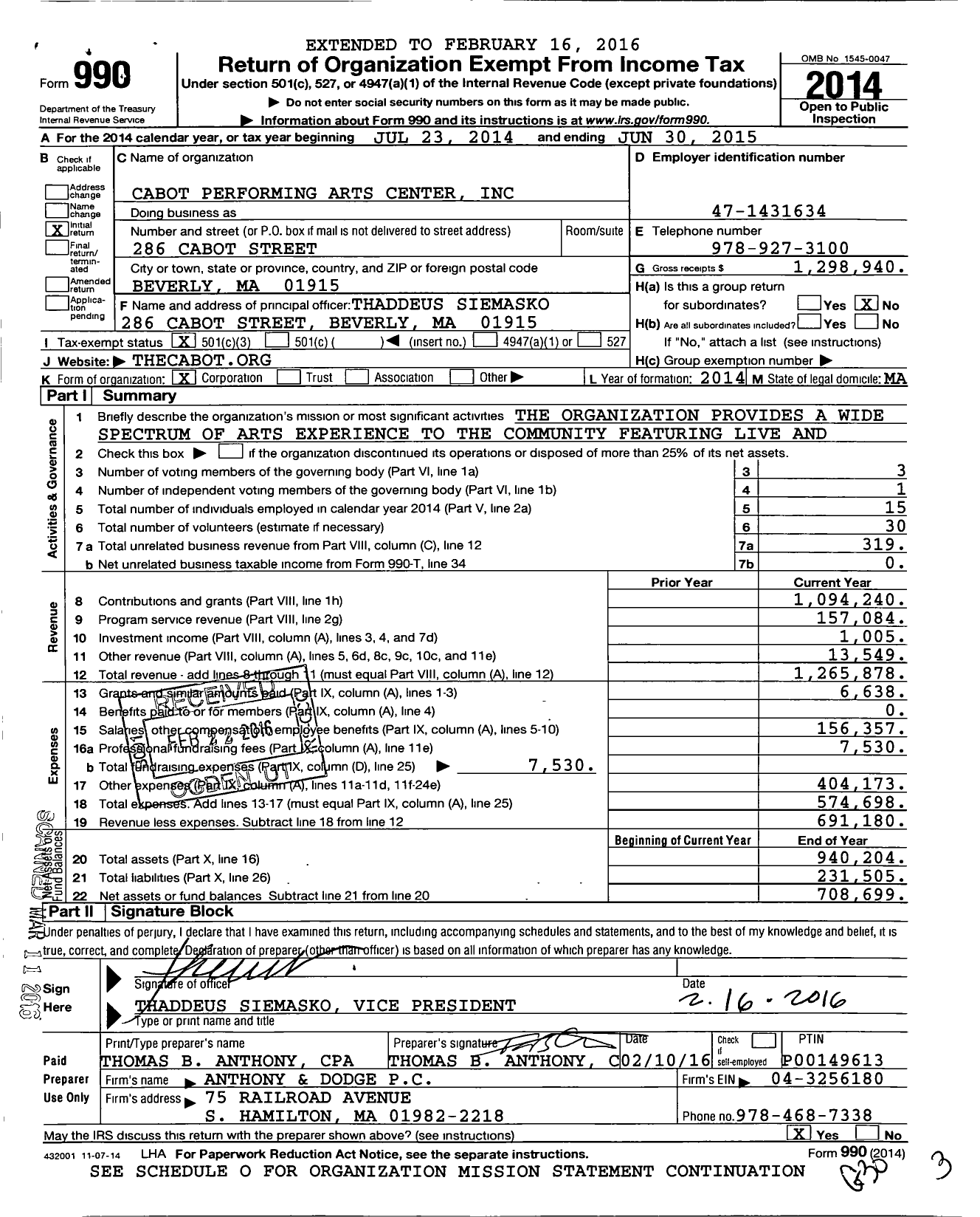 Image of first page of 2014 Form 990 for The Cabot