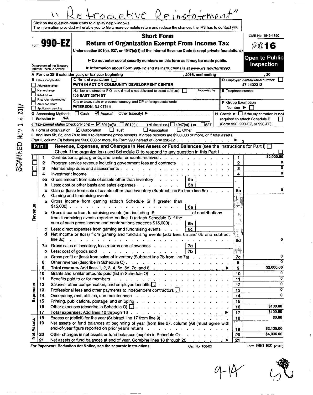 Image of first page of 2016 Form 990EZ for Faith in Action Community Development Center