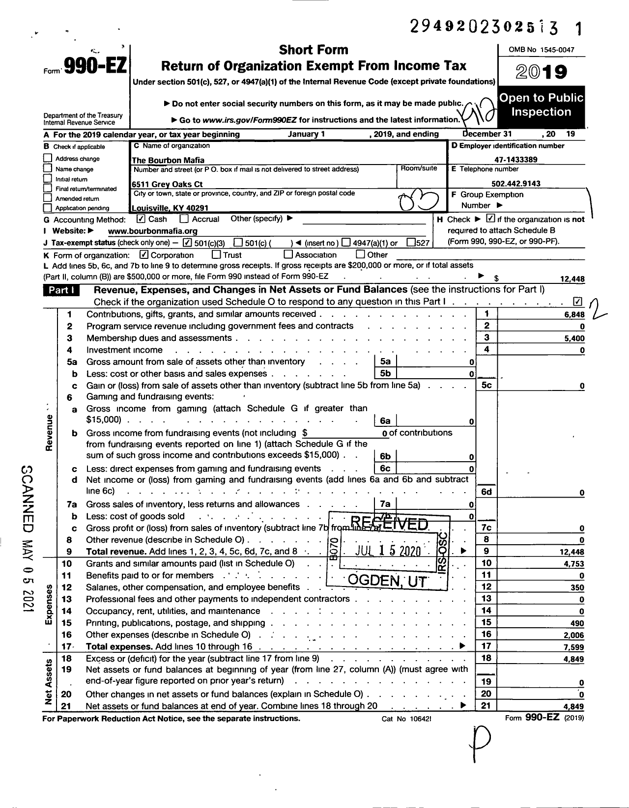 Image of first page of 2019 Form 990EZ for The Bourbon Mafia