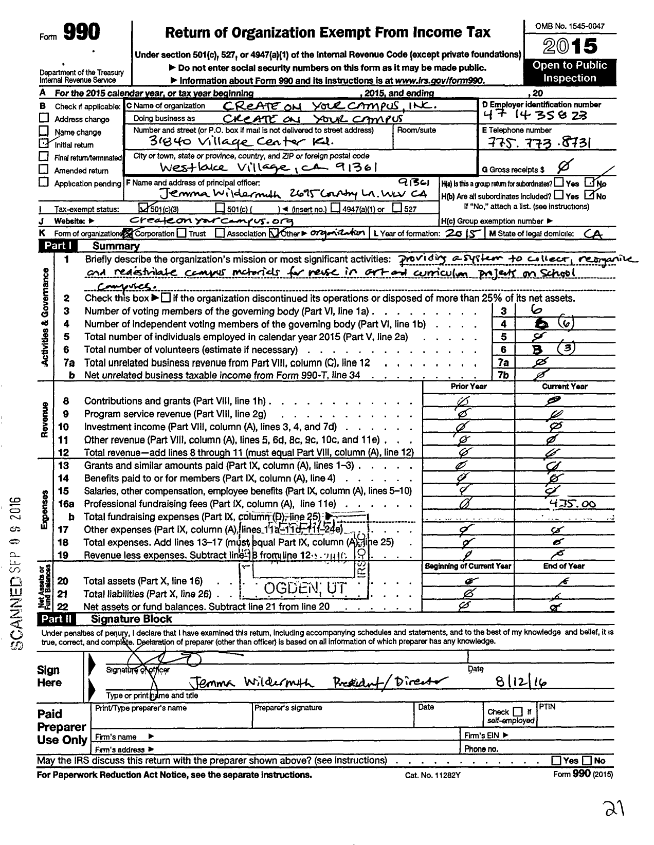 Image of first page of 2015 Form 990 for Create on Your Campus