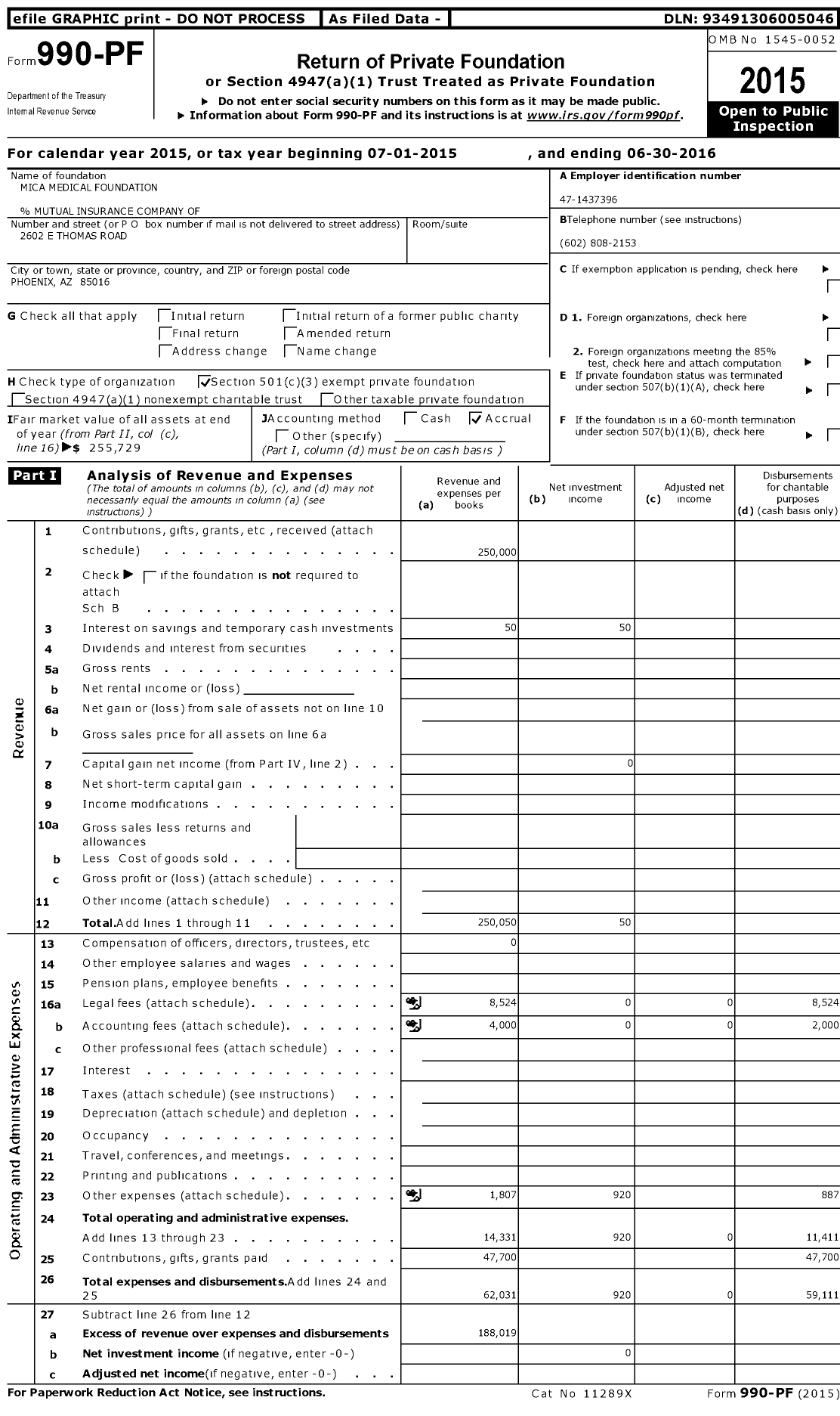 Image of first page of 2015 Form 990PF for Mica Medical Foundation