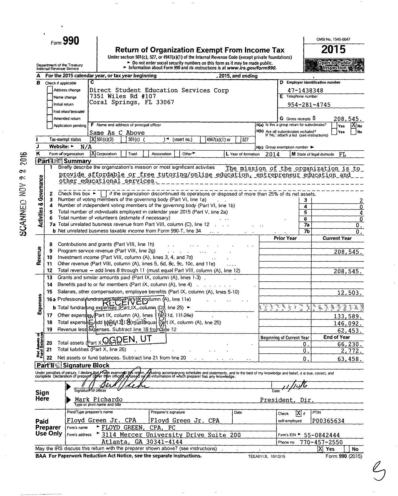 Image of first page of 2015 Form 990 for Direct Student Education Services Corporation