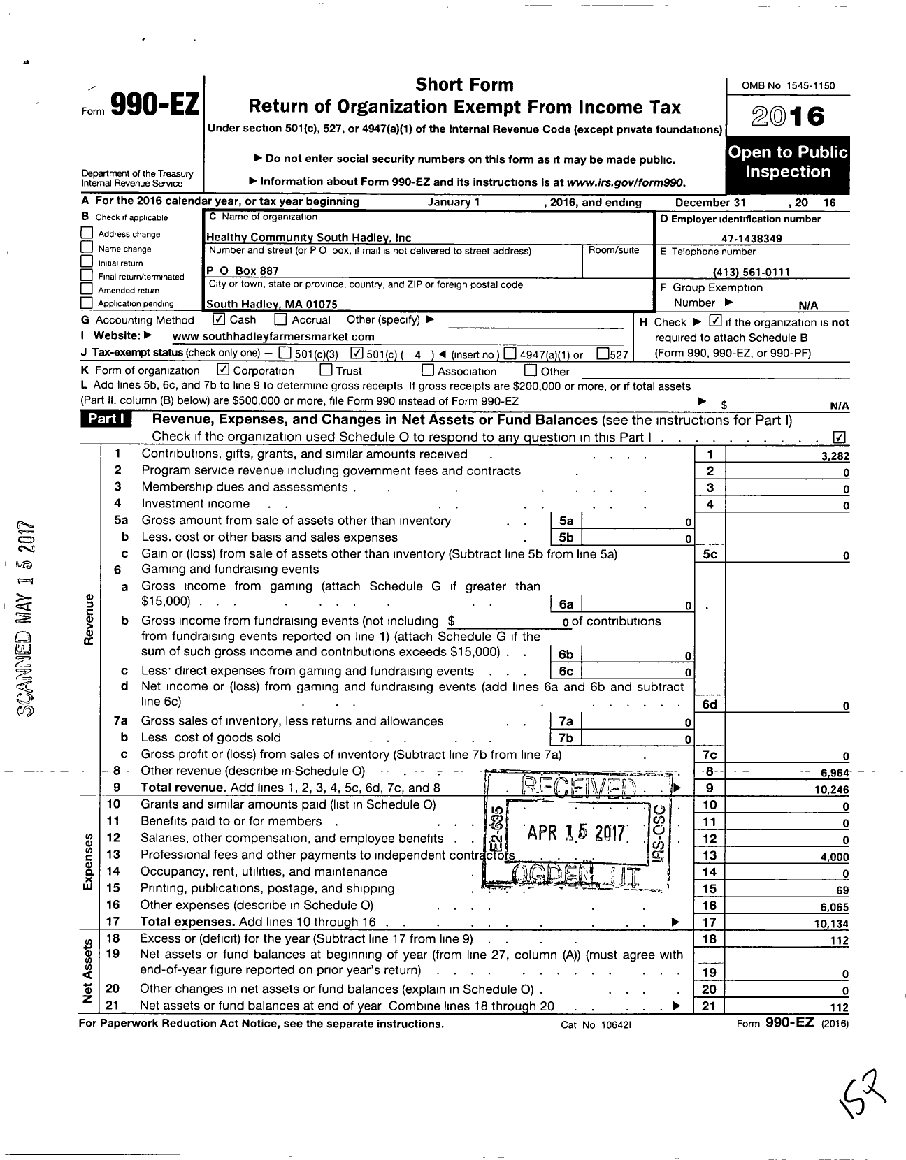 Image of first page of 2016 Form 990EO for Healthy Community South Hadley