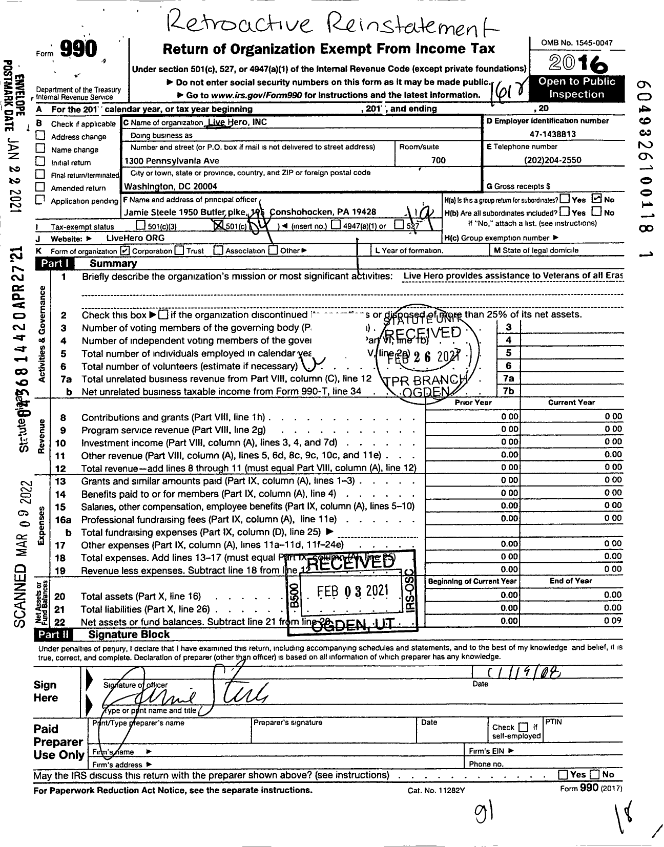 Image of first page of 2016 Form 990O for Live Hero