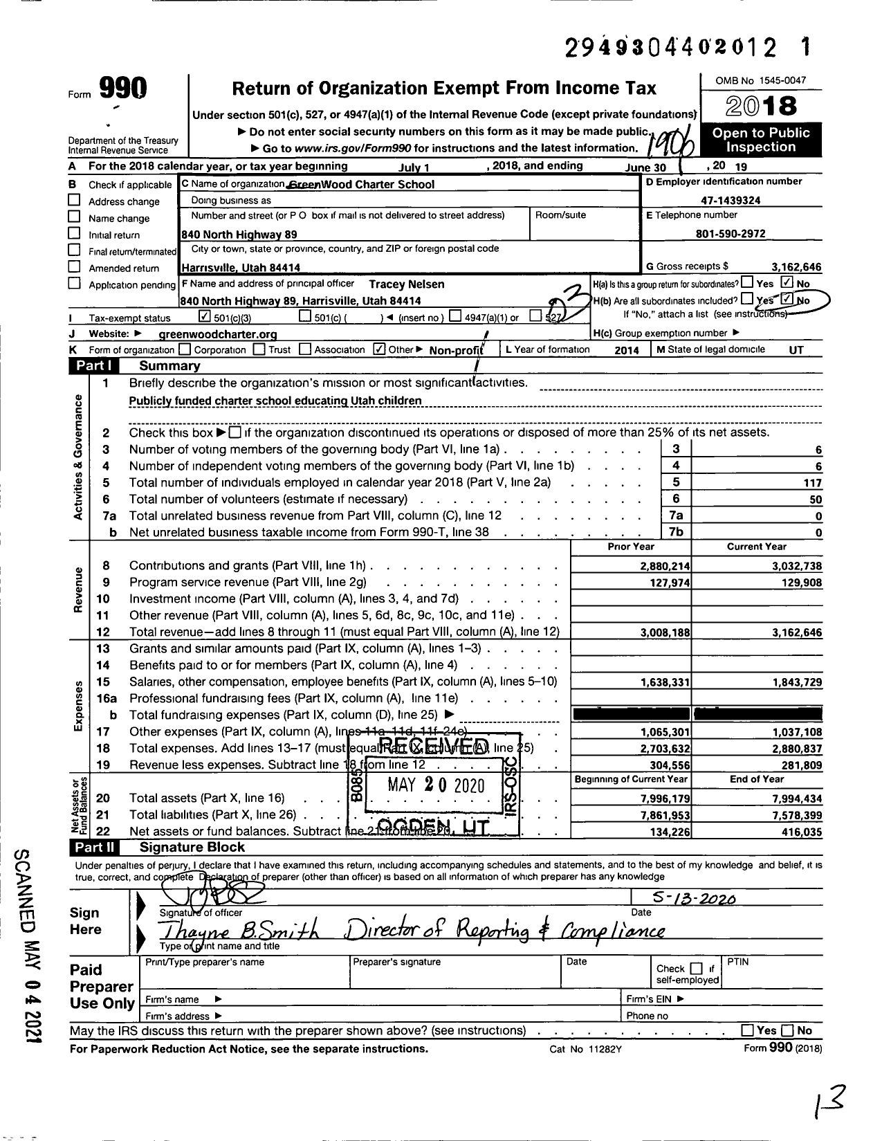 Image of first page of 2018 Form 990 for Greenwood Charter School