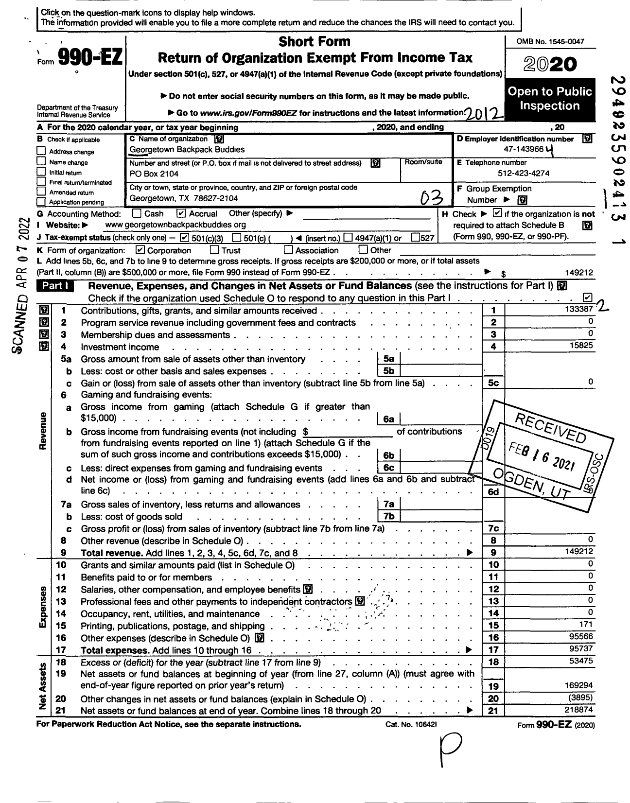 Image of first page of 2020 Form 990EZ for Georgetown Backpack Buddies