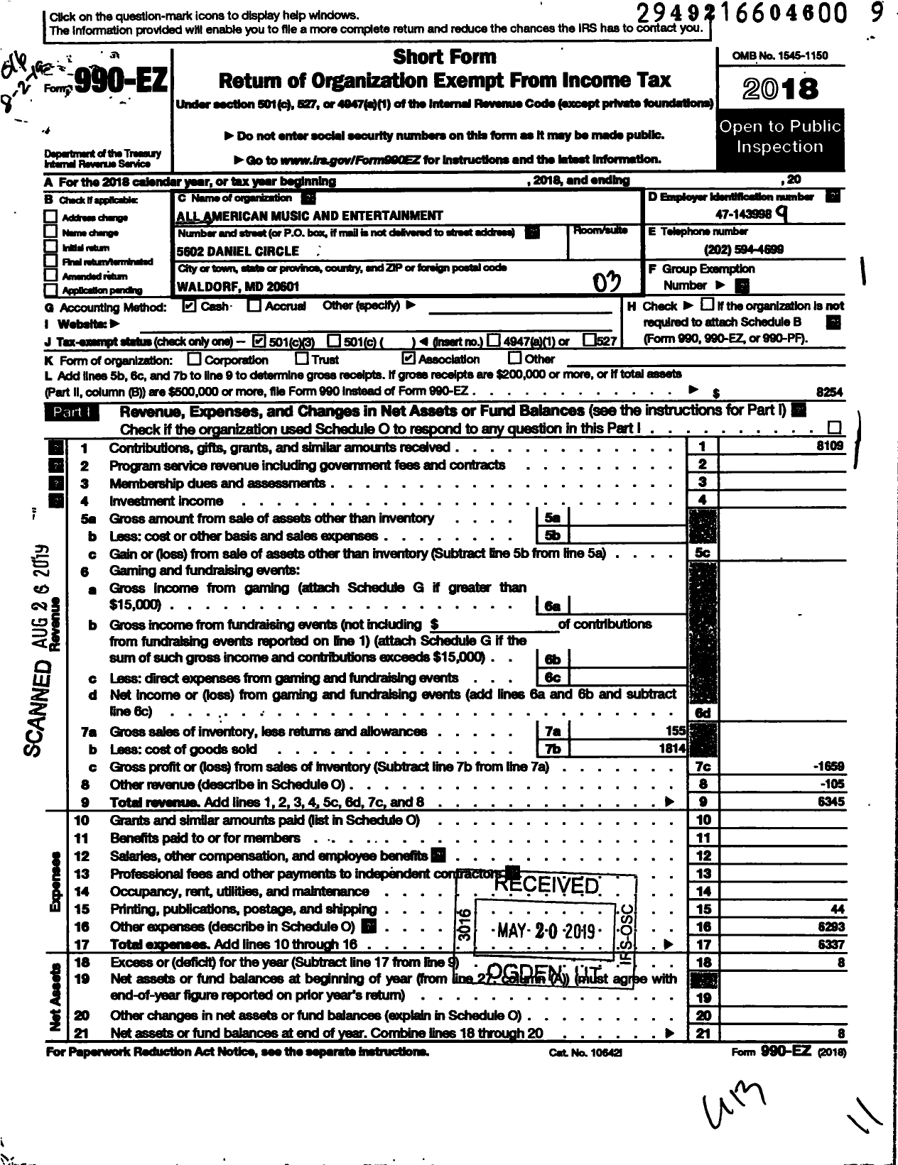 Image of first page of 2018 Form 990EZ for All American Music and Entertainment