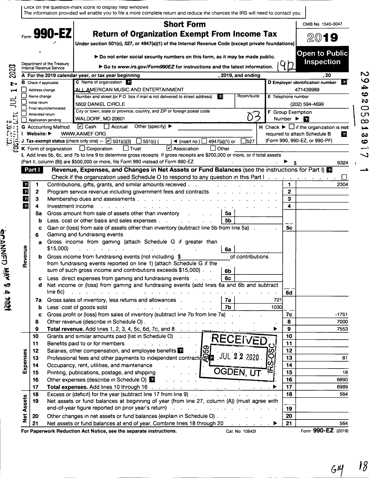 Image of first page of 2019 Form 990EZ for All American Music and Entertainment