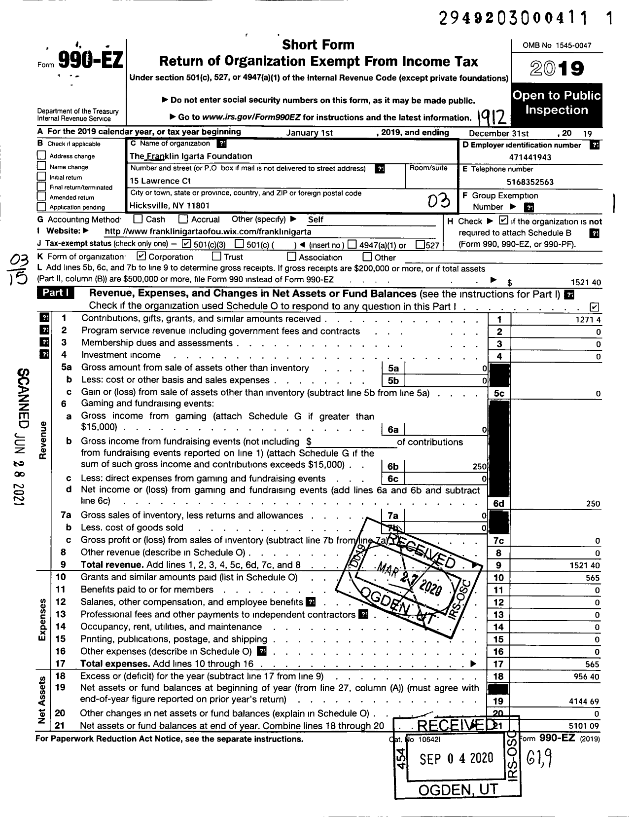 Image of first page of 2019 Form 990EZ for Franklin Igarta Foundation