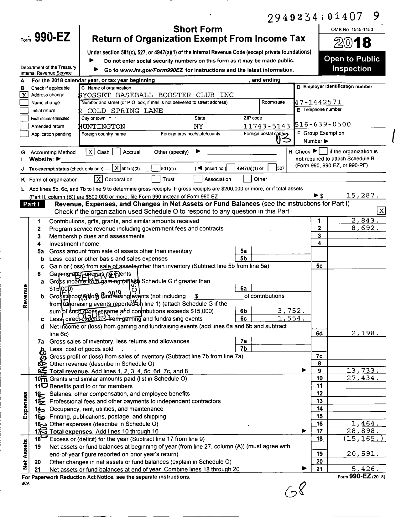 Image of first page of 2018 Form 990EZ for Syosset Baseball Booster Club