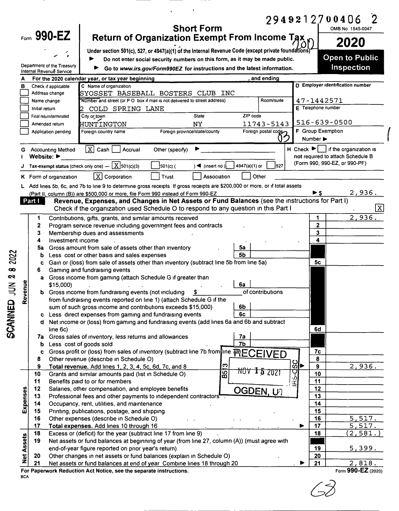 Image of first page of 2020 Form 990EZ for Syosset Baseball Booster Club