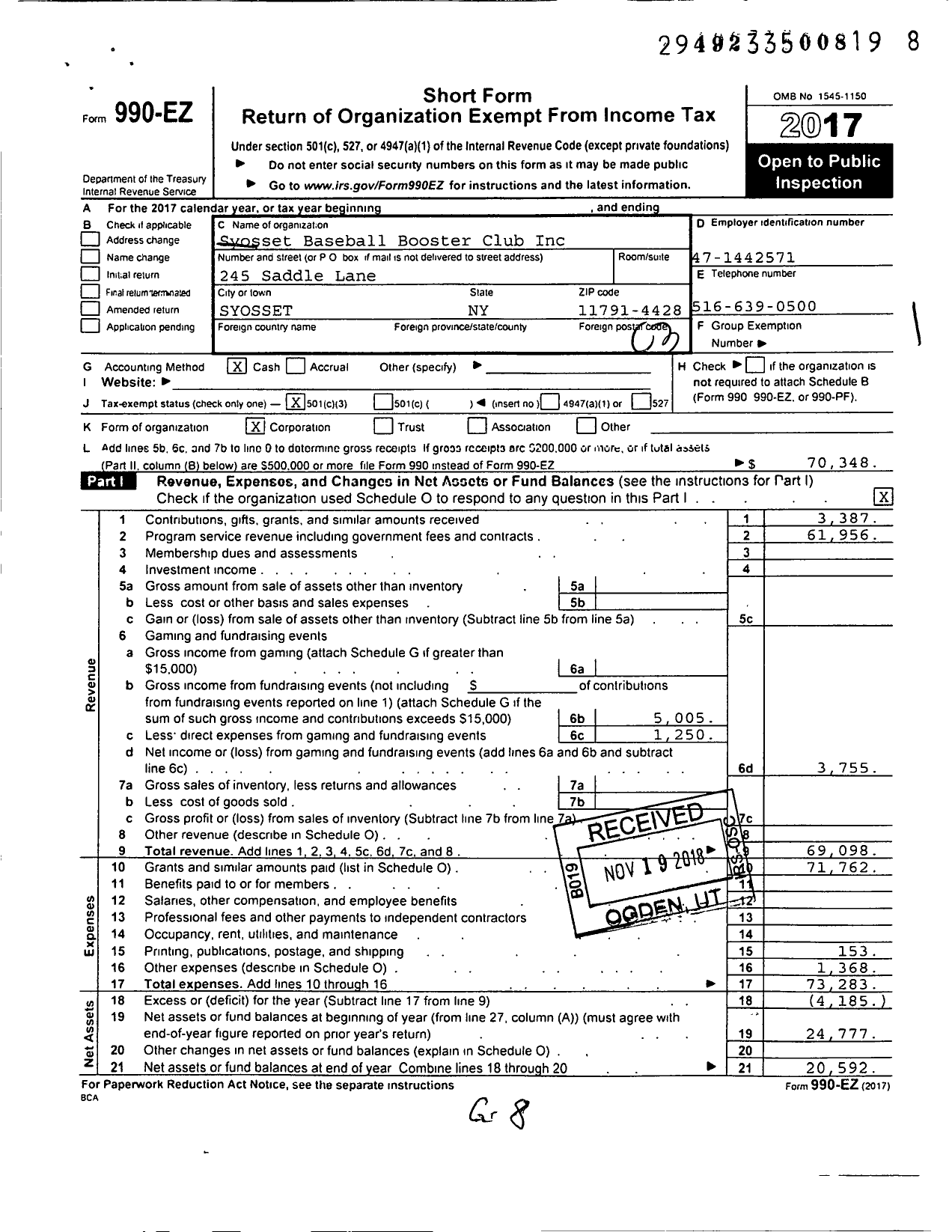 Image of first page of 2017 Form 990EZ for Syosset Baseball Booster Club