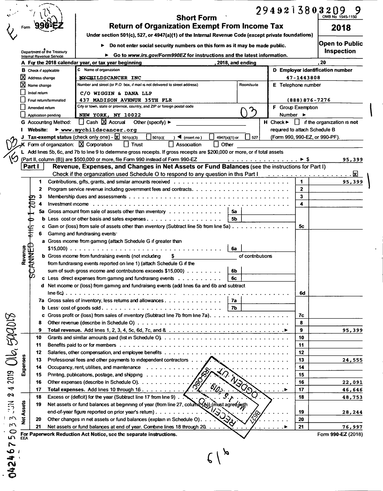 Image of first page of 2018 Form 990EZ for MyChild'sCancer