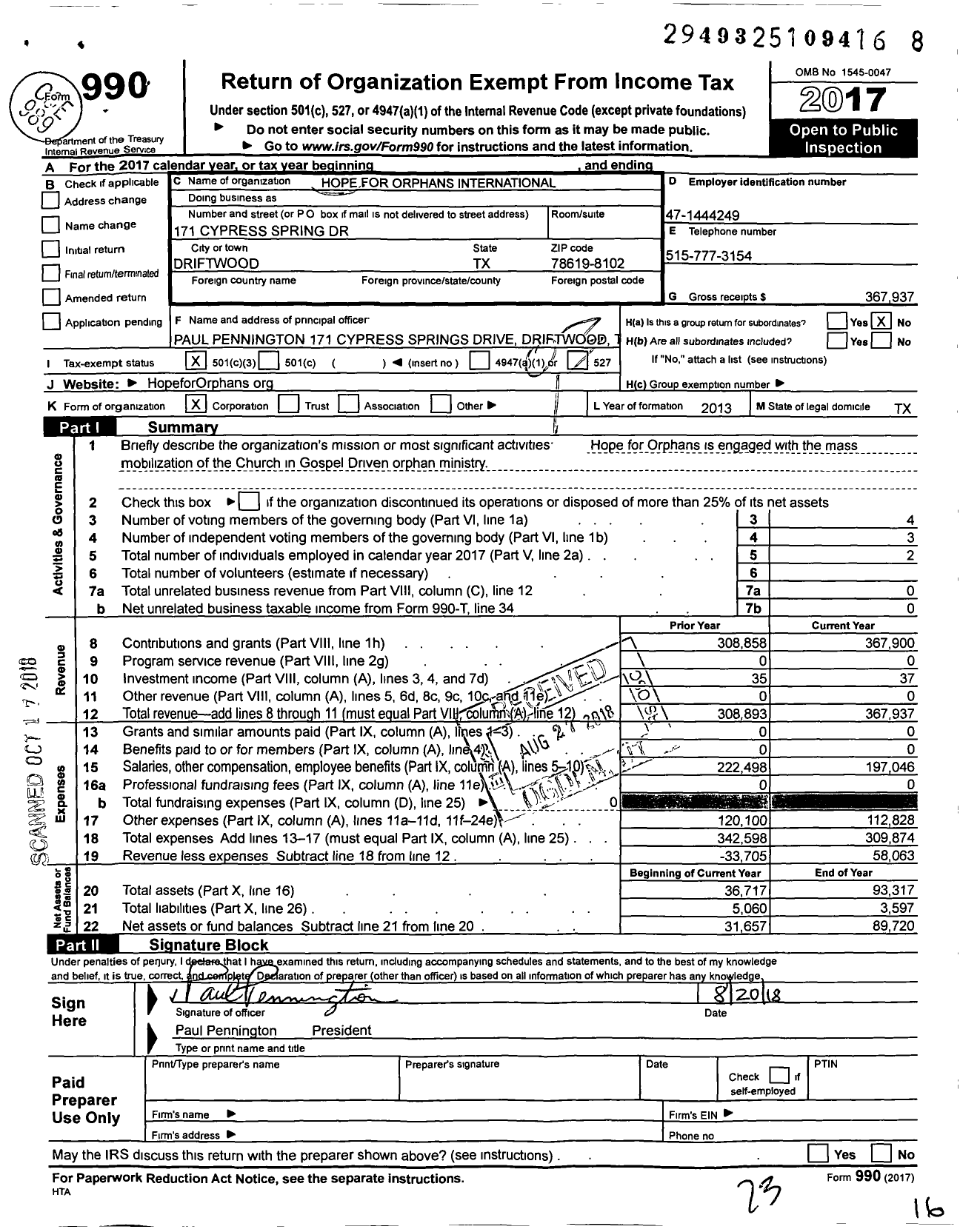 Image of first page of 2017 Form 990 for Hope for Orphans International