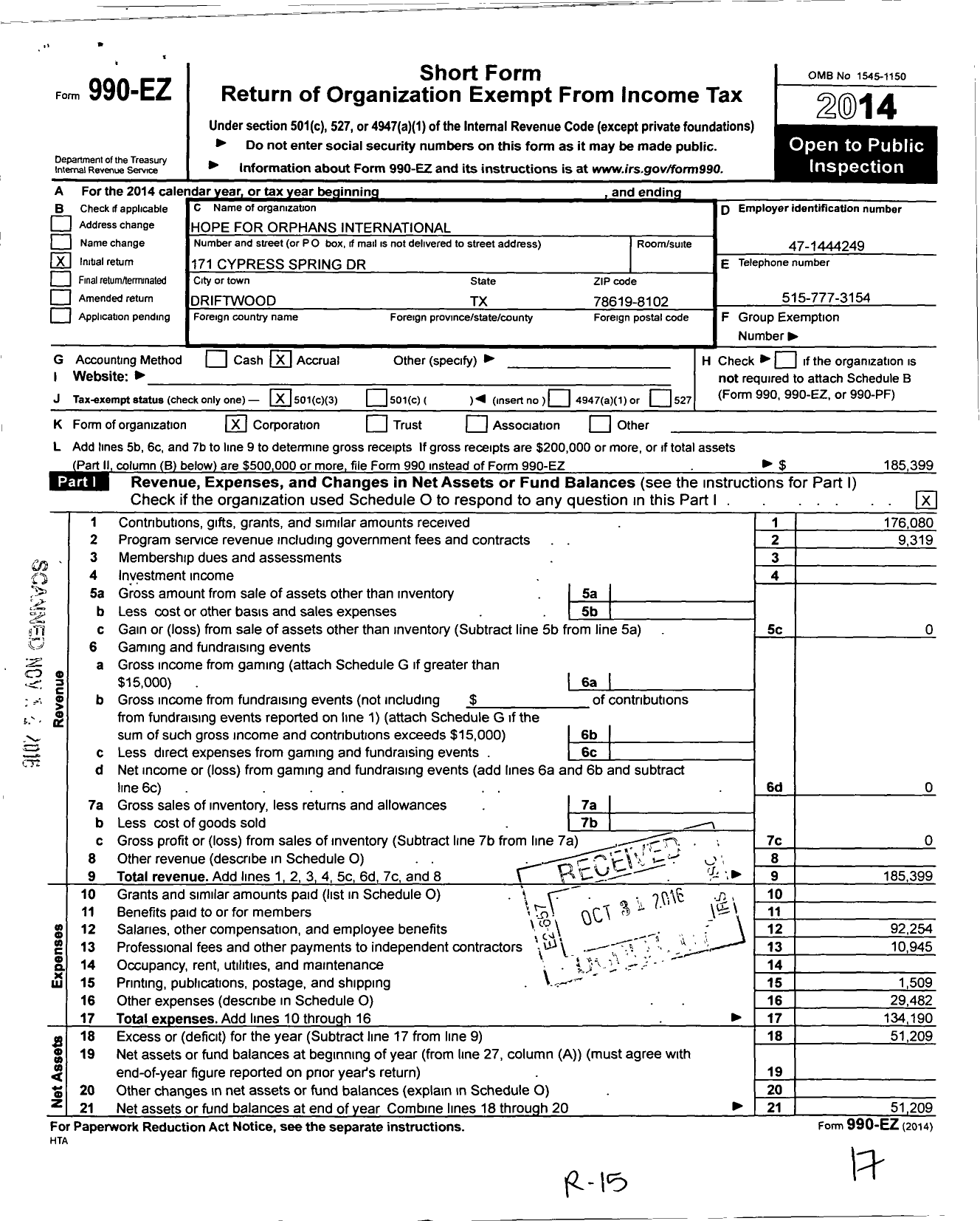 Image of first page of 2014 Form 990EZ for Hope for Orphans International