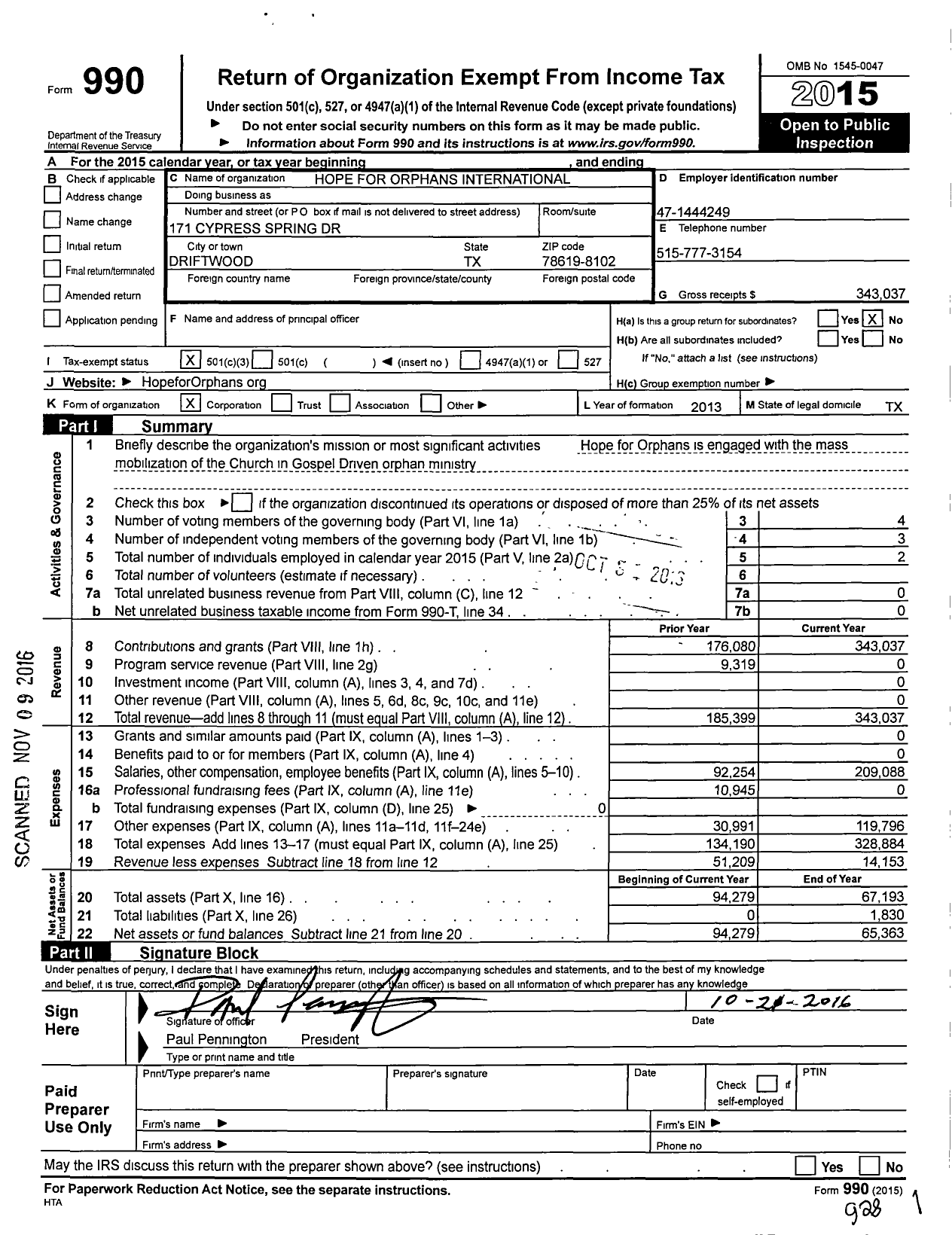 Image of first page of 2015 Form 990 for Hope for Orphans International