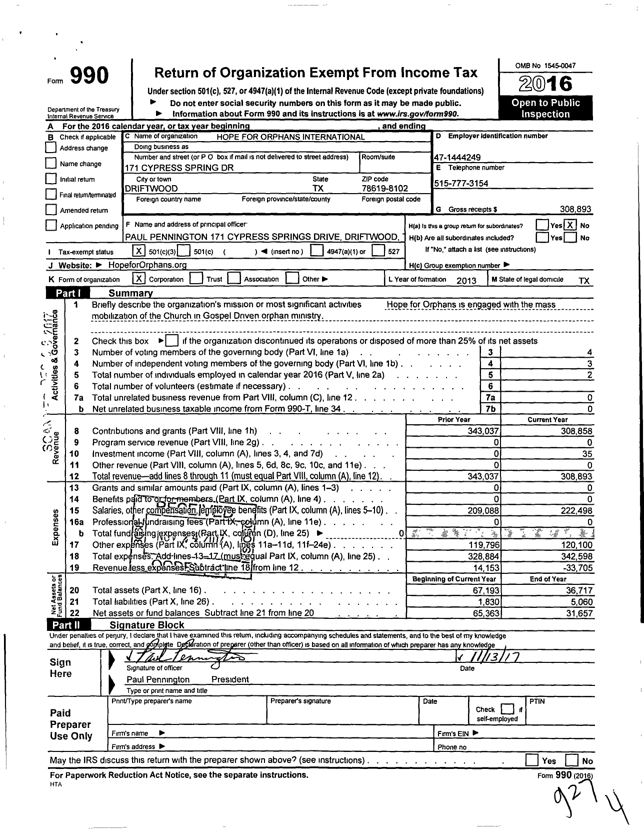 Image of first page of 2016 Form 990 for Hope for Orphans International