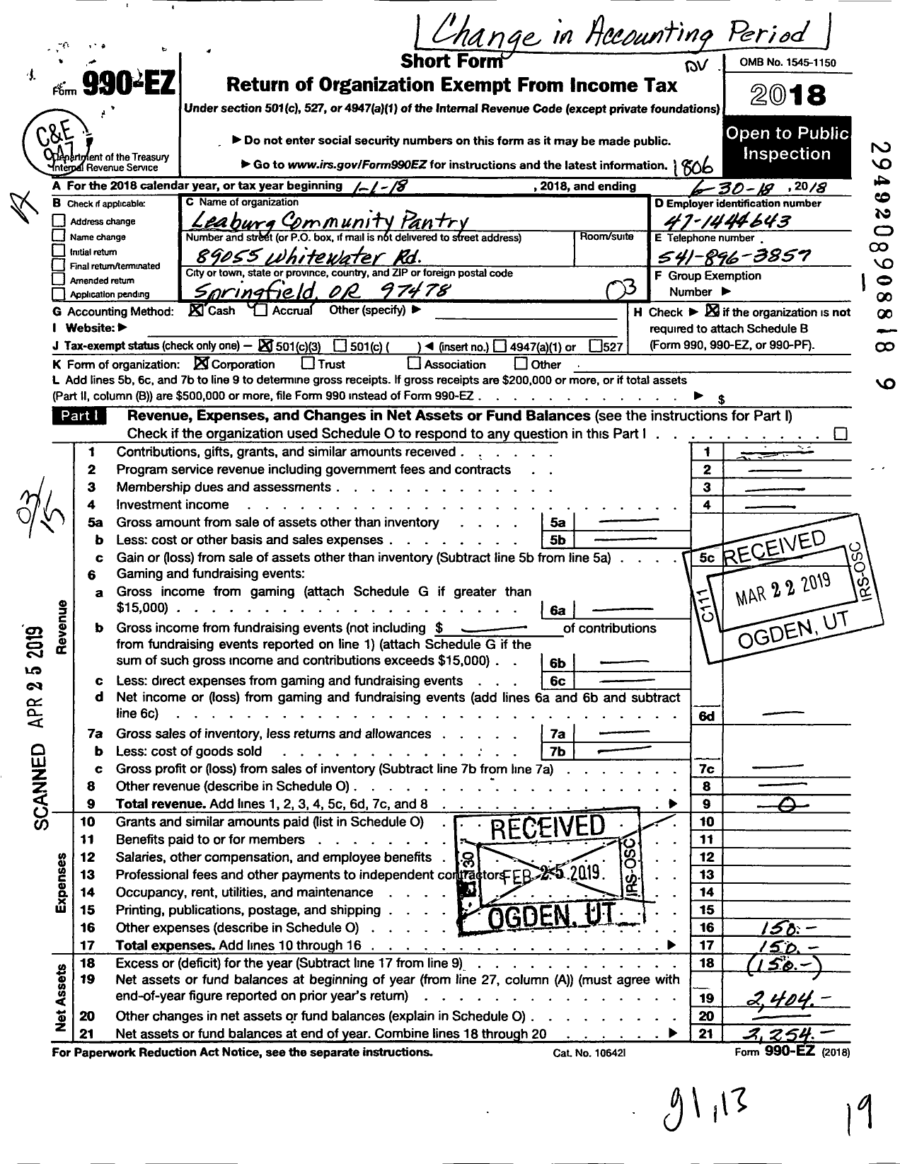 Image of first page of 2017 Form 990EZ for Leaburg Community Pantry